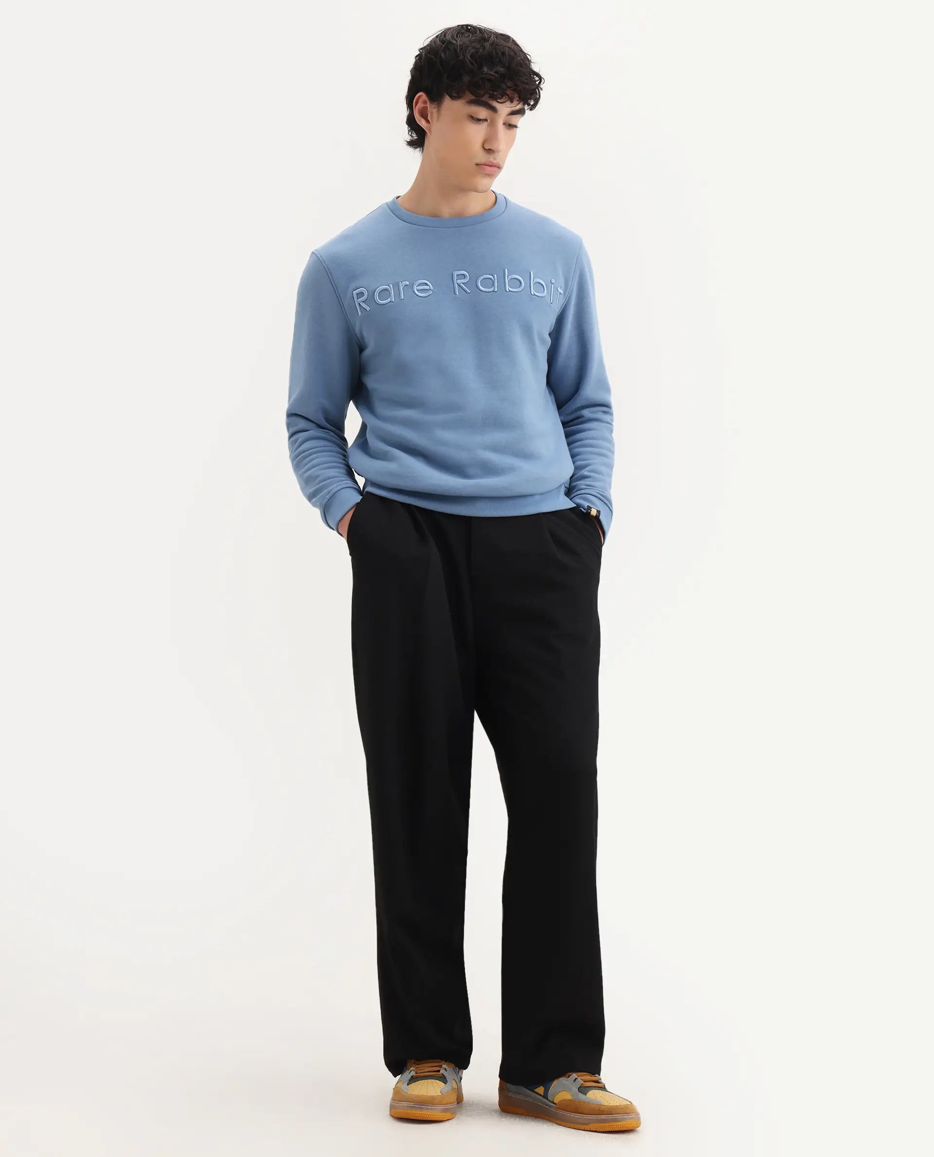 Rare Rabbit Men's Oranj Blue Cotton Embroidered Relaxed Fit Full Sleeve Crew Neck Sweatshirt