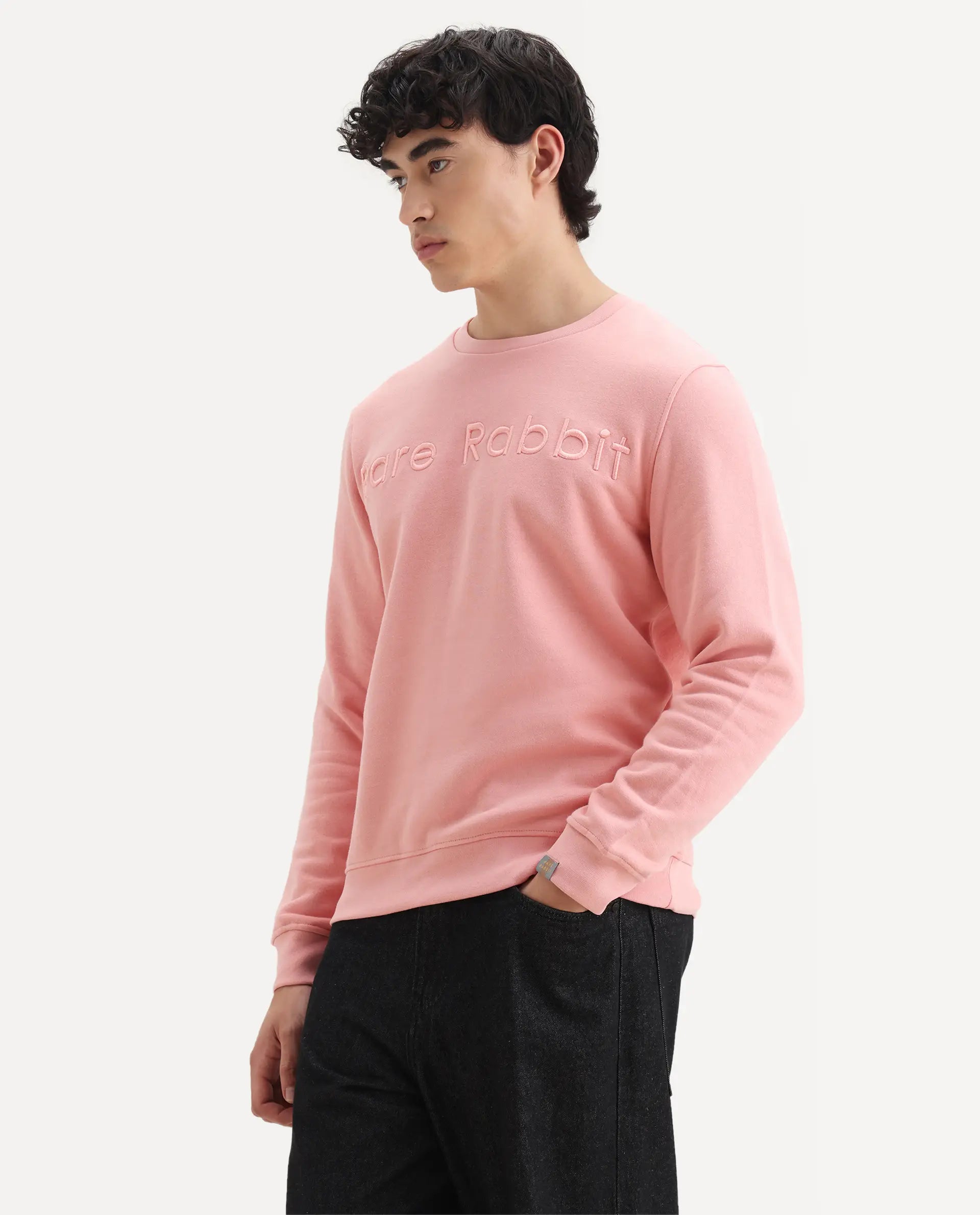 Rare Rabbit Men's Oranj Orange Cotton Embroidered Relaxed Fit Full Sleeve Crew Neck Sweatshirt