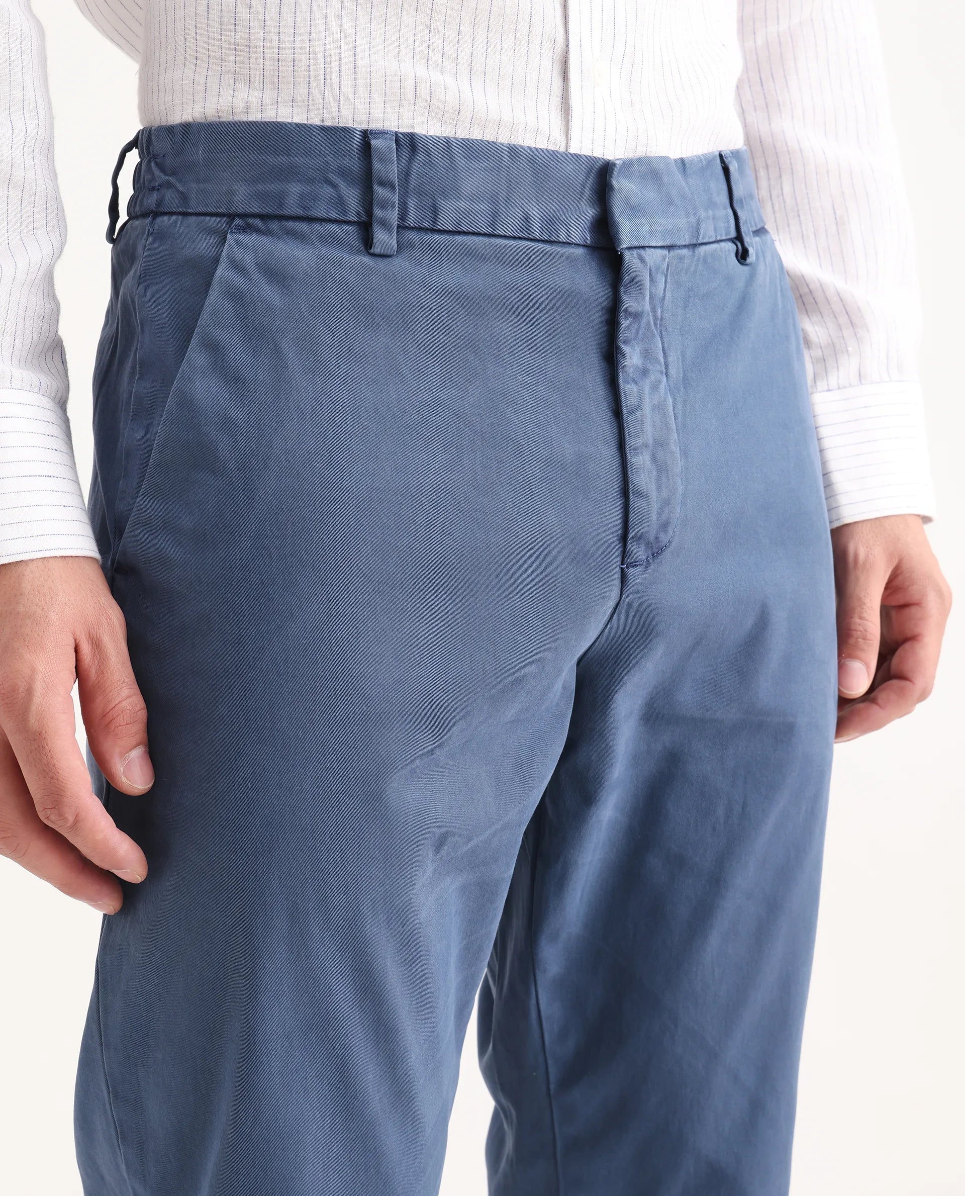 Rare Rabbit Men's Orany Blue Cotton Plain Regular Fit Trouser