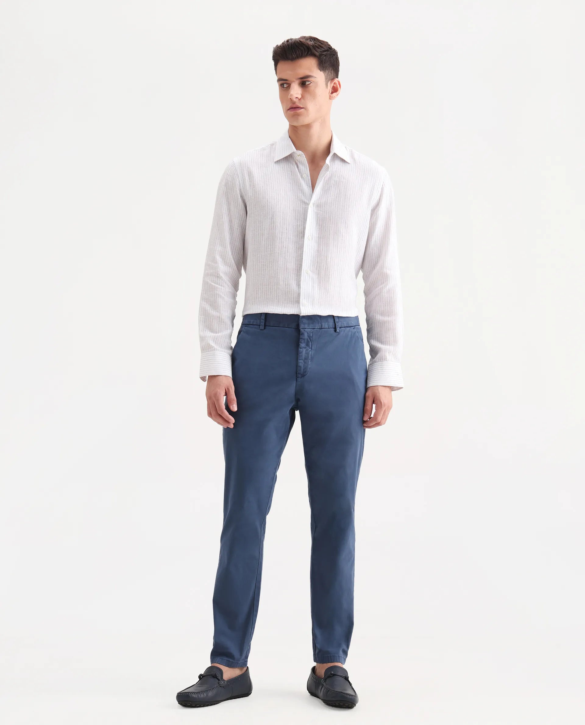Rare Rabbit Men's Orany Blue Cotton Plain Regular Fit Trouser