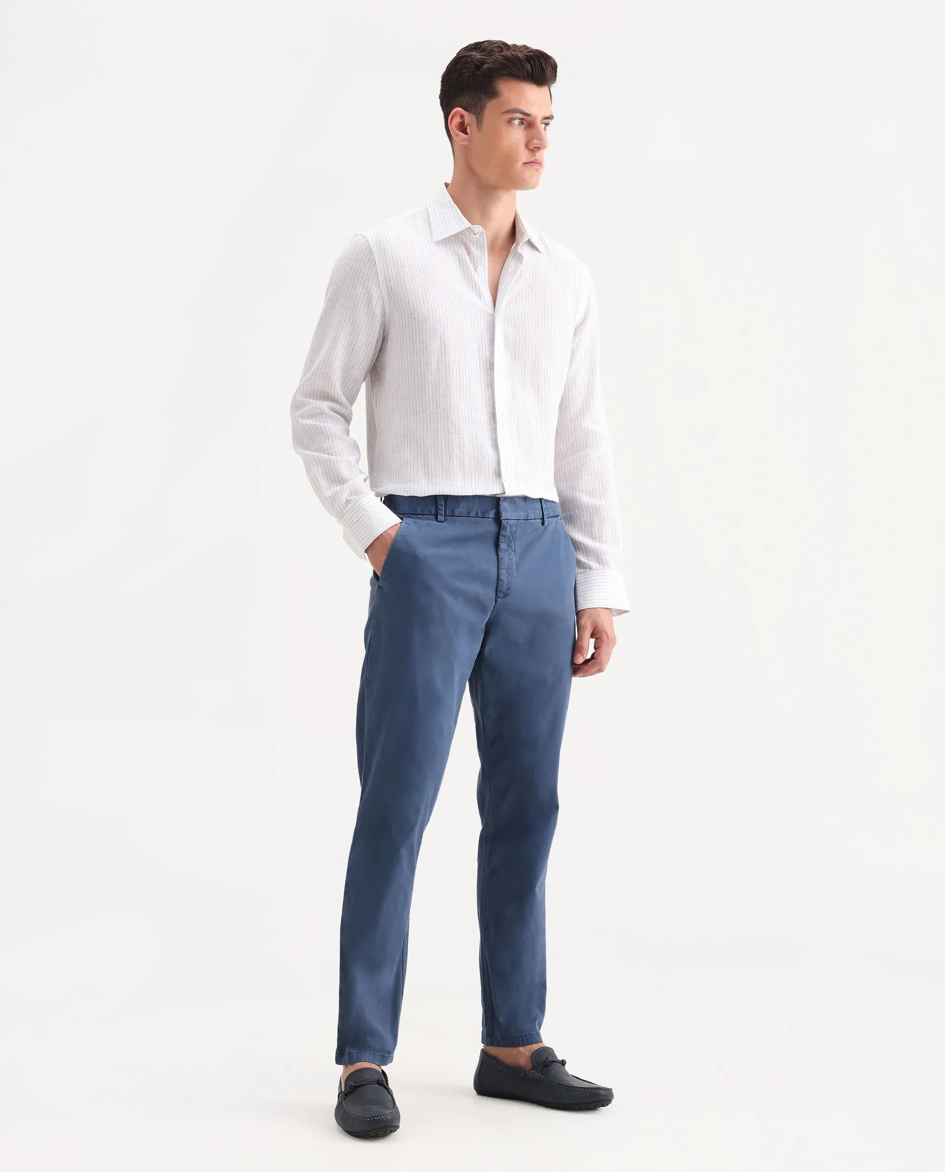 Rare Rabbit Men's Orany Blue Cotton Plain Regular Fit Trouser