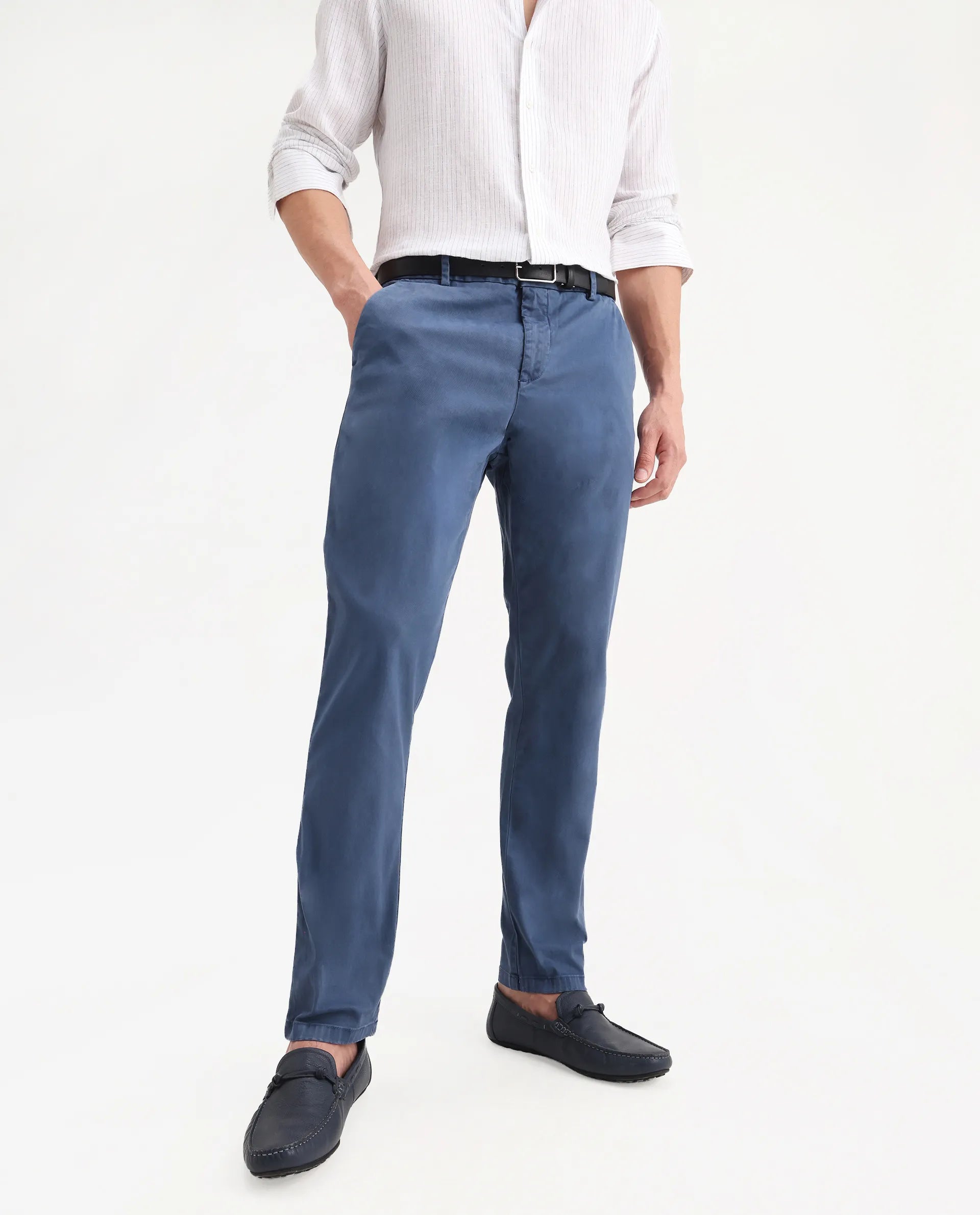 Rare Rabbit Men's Orany Blue Cotton Plain Regular Fit Trouser