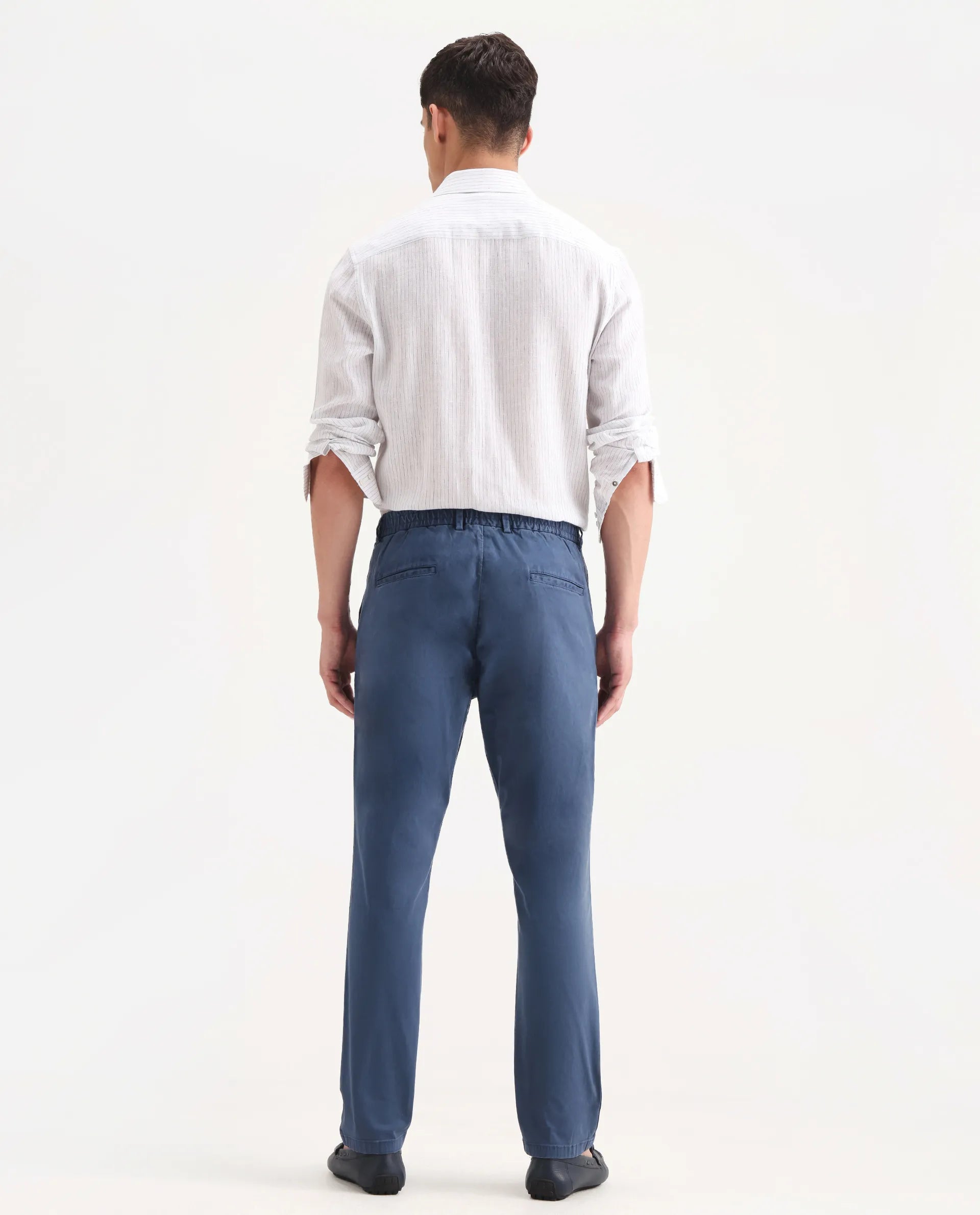 Rare Rabbit Men's Orany Blue Cotton Plain Regular Fit Trouser