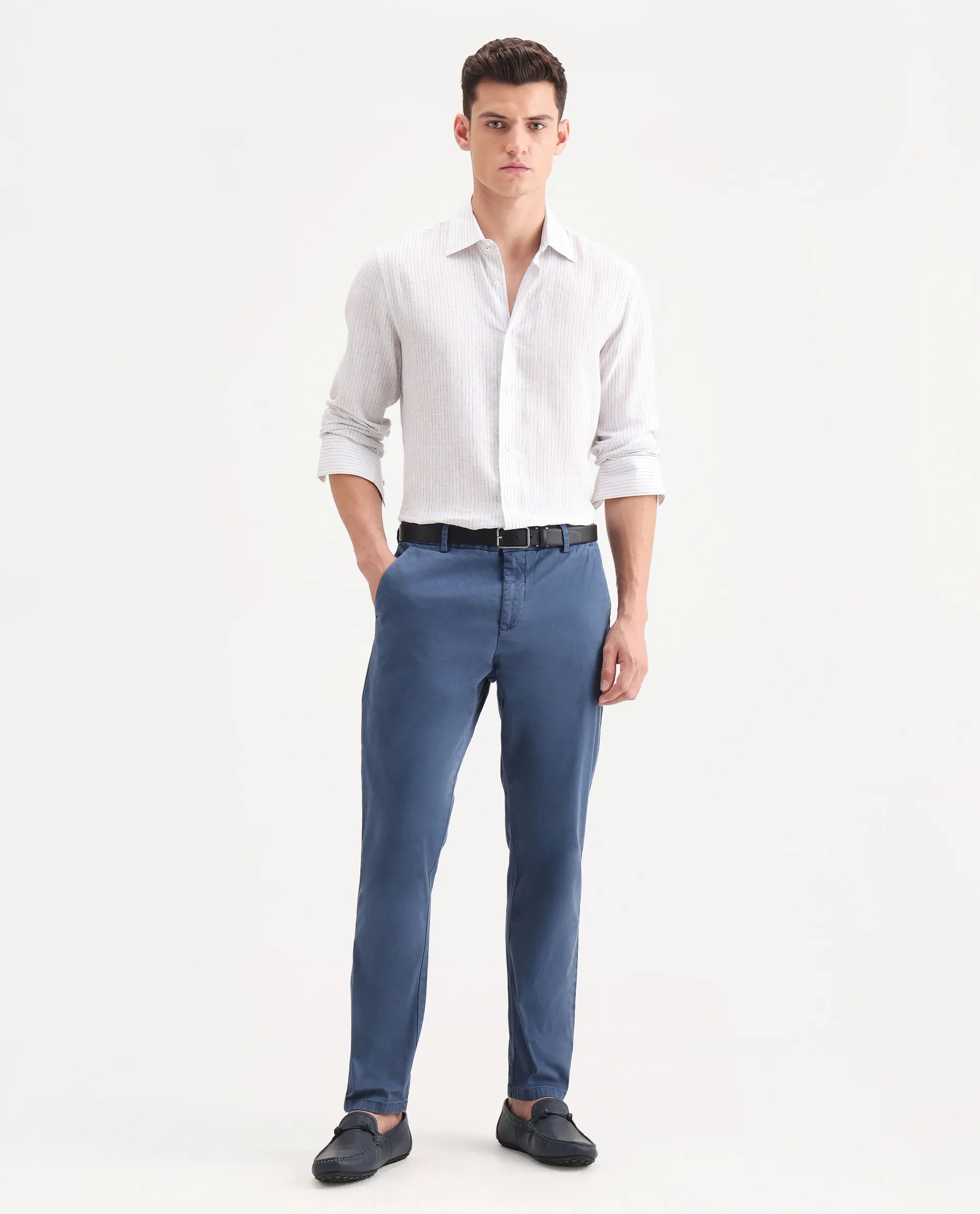 Rare Rabbit Men's Orany Blue Cotton Plain Regular Fit Trouser