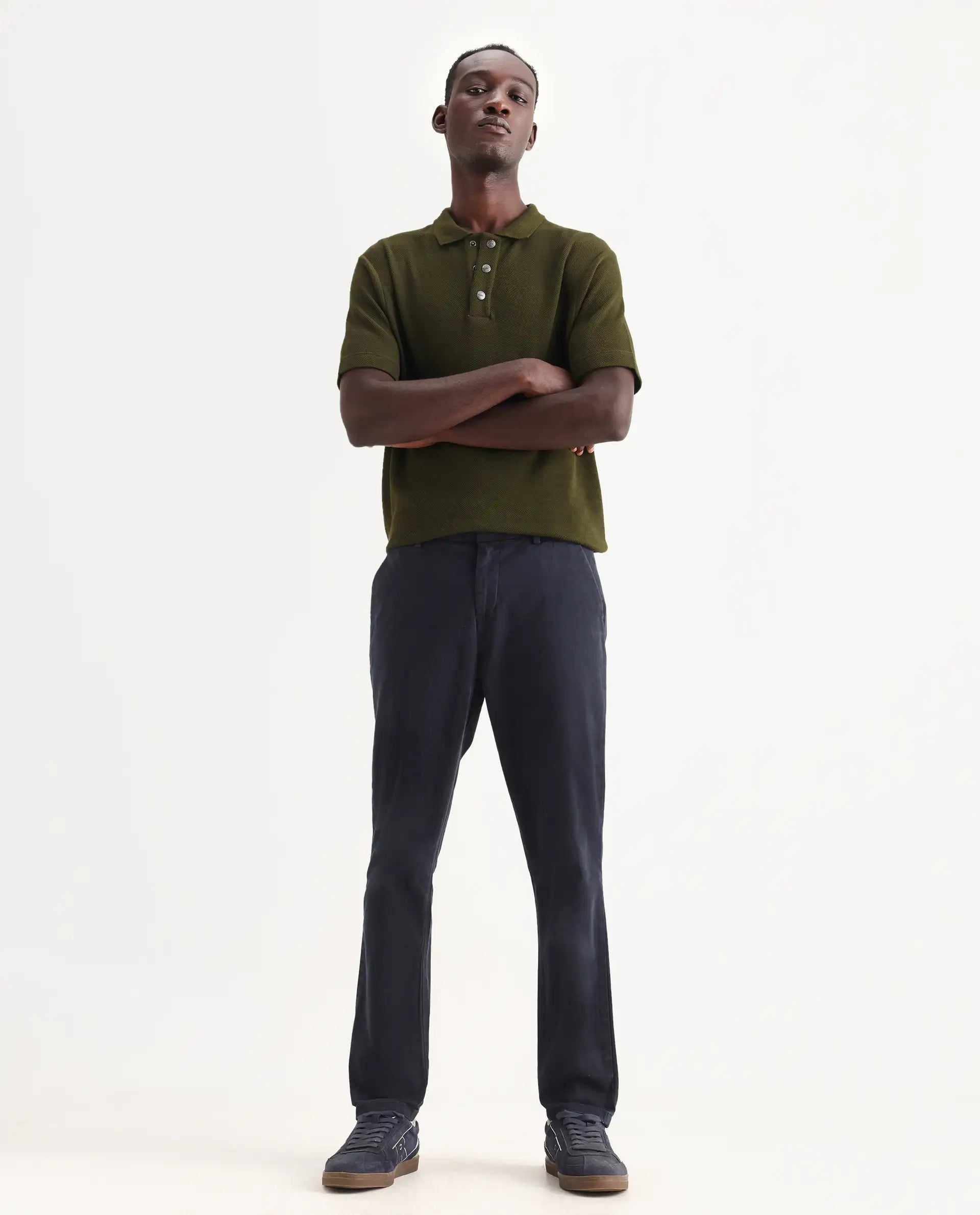 Rare Rabbit Men's Orany Navy Cotton Plain Regular Fit Trouser