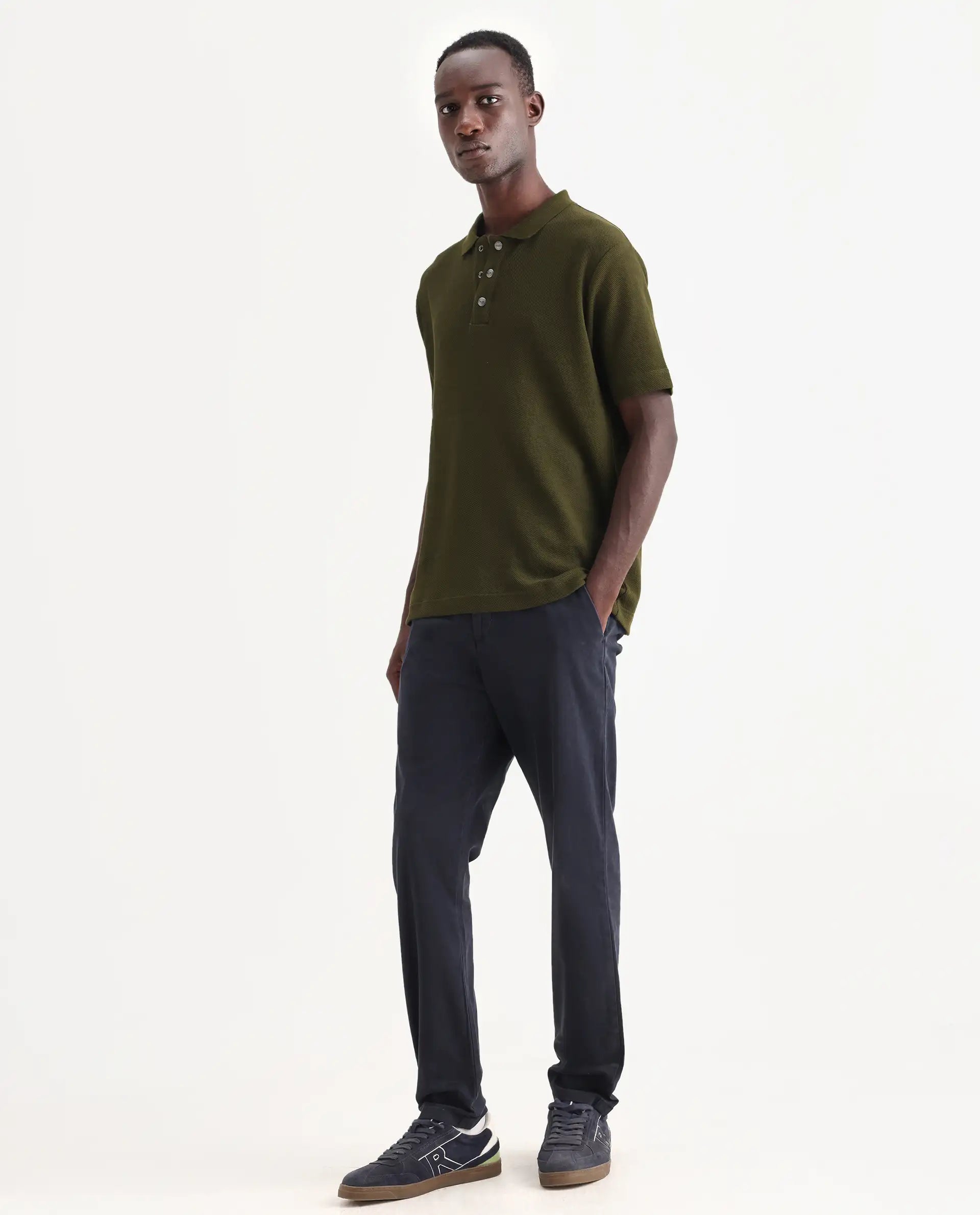 Rare Rabbit Men's Orany Navy Cotton Plain Regular Fit Trouser