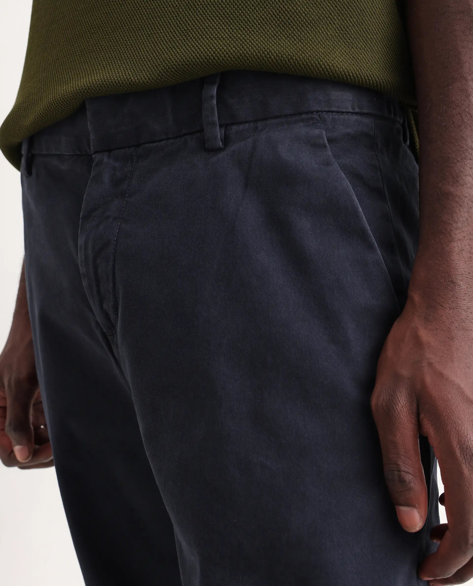 Rare Rabbit Men's Orany Navy Cotton Plain Regular Fit Trouser