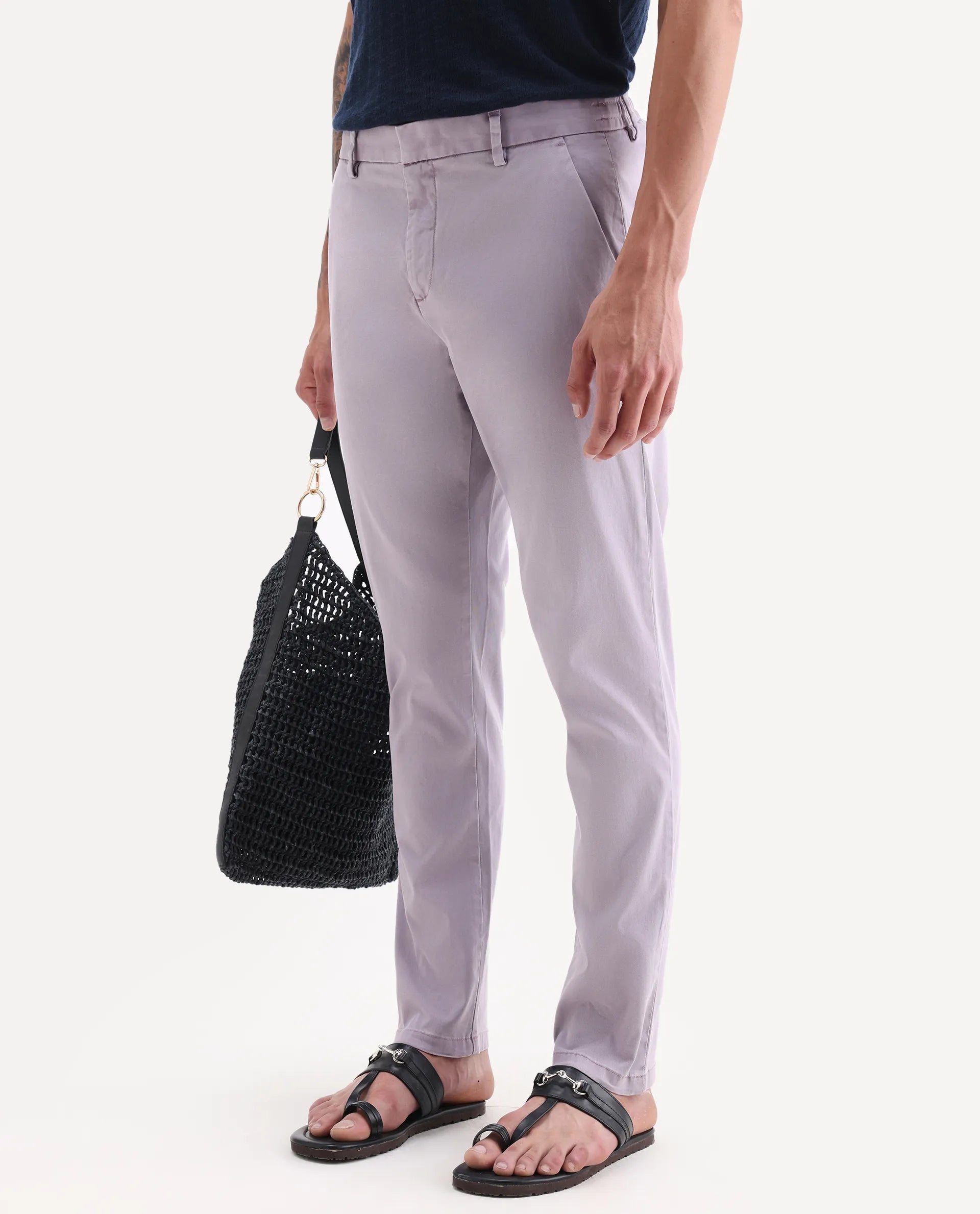 Rare Rabbit Men's Orany Pastel Purple Cotton Plain Regular Fit Trouser