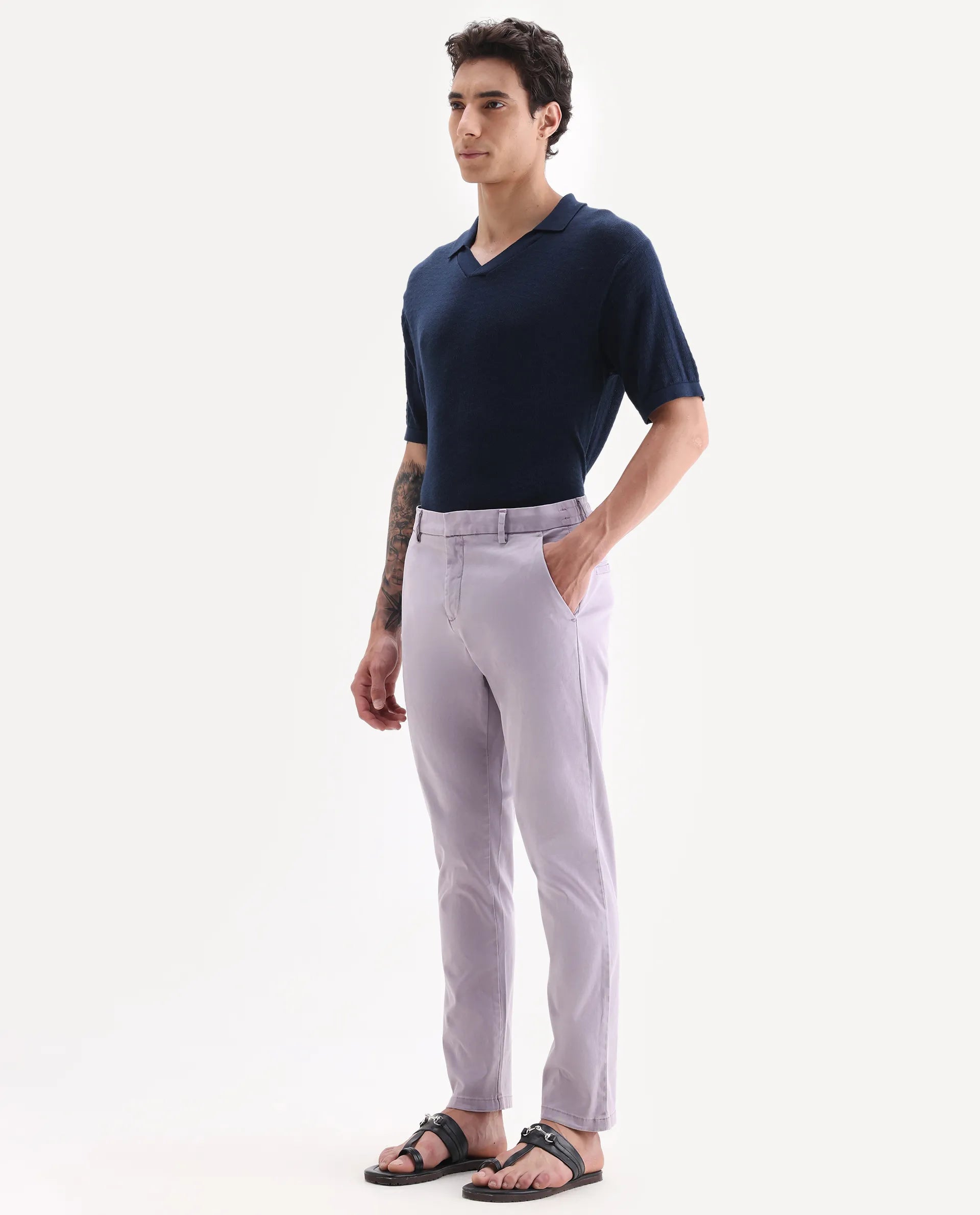 Rare Rabbit Men's Orany Pastel Purple Cotton Plain Regular Fit Trouser