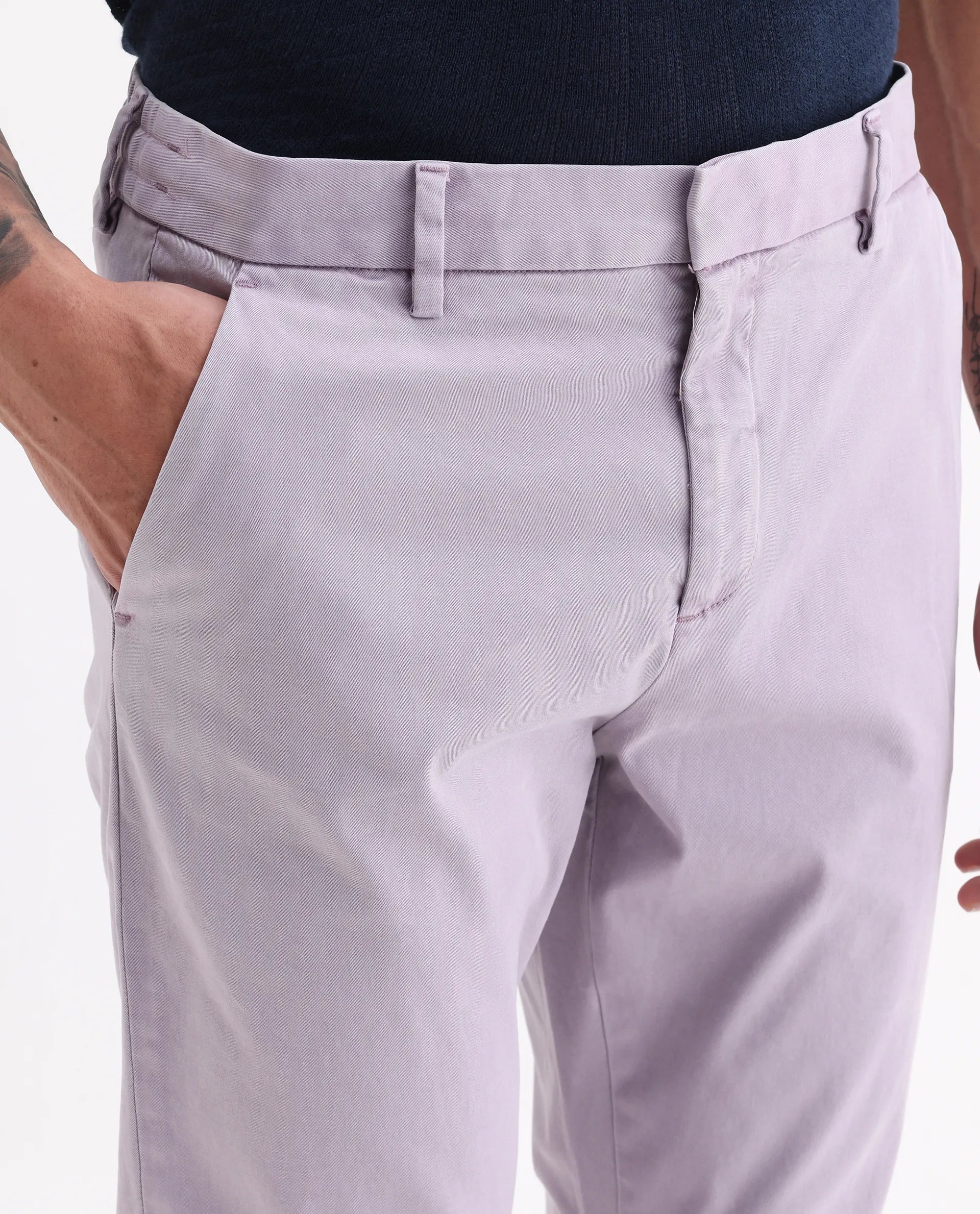 Rare Rabbit Men's Orany Pastel Purple Cotton Plain Regular Fit Trouser