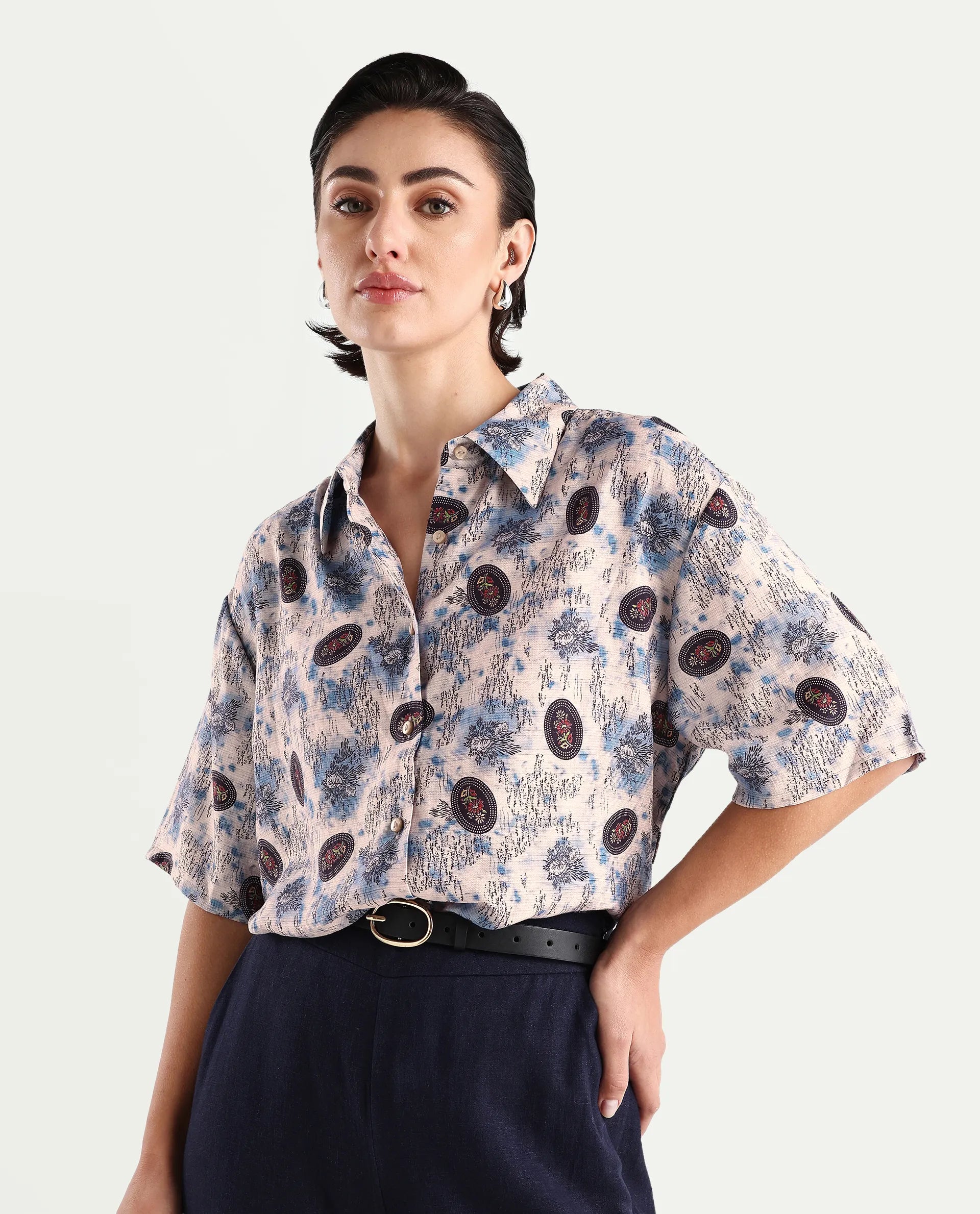 Rareism Women's Orchard Off White Viscose Blend Spread Collar Abstract Print Boxy Fit Top