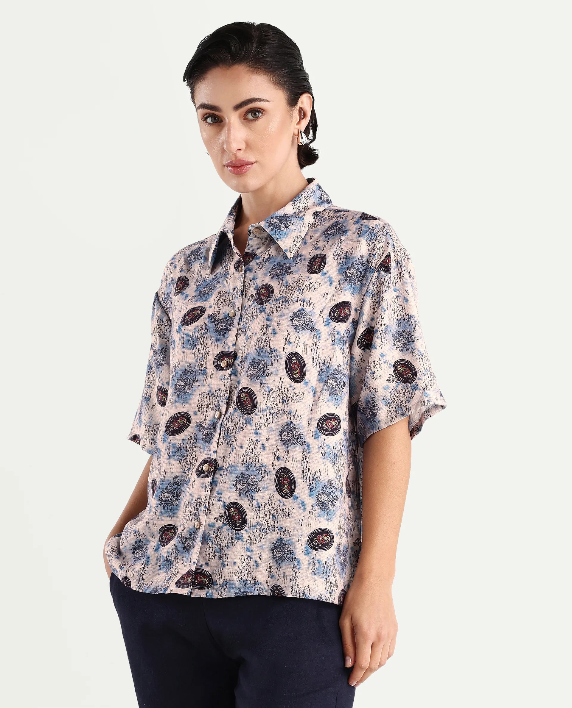 Rareism Women's Orchard Off White Viscose Blend Spread Collar Abstract Print Boxy Fit Top