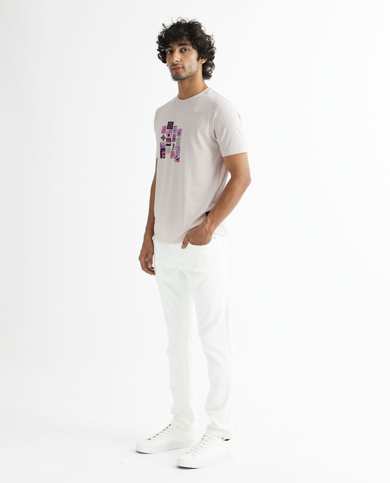 Rare Rabbit Men's Orchid Pastel Purple Crew Neck HD Graphic With Signature Half Sleeves Slim Fit T-Shirt