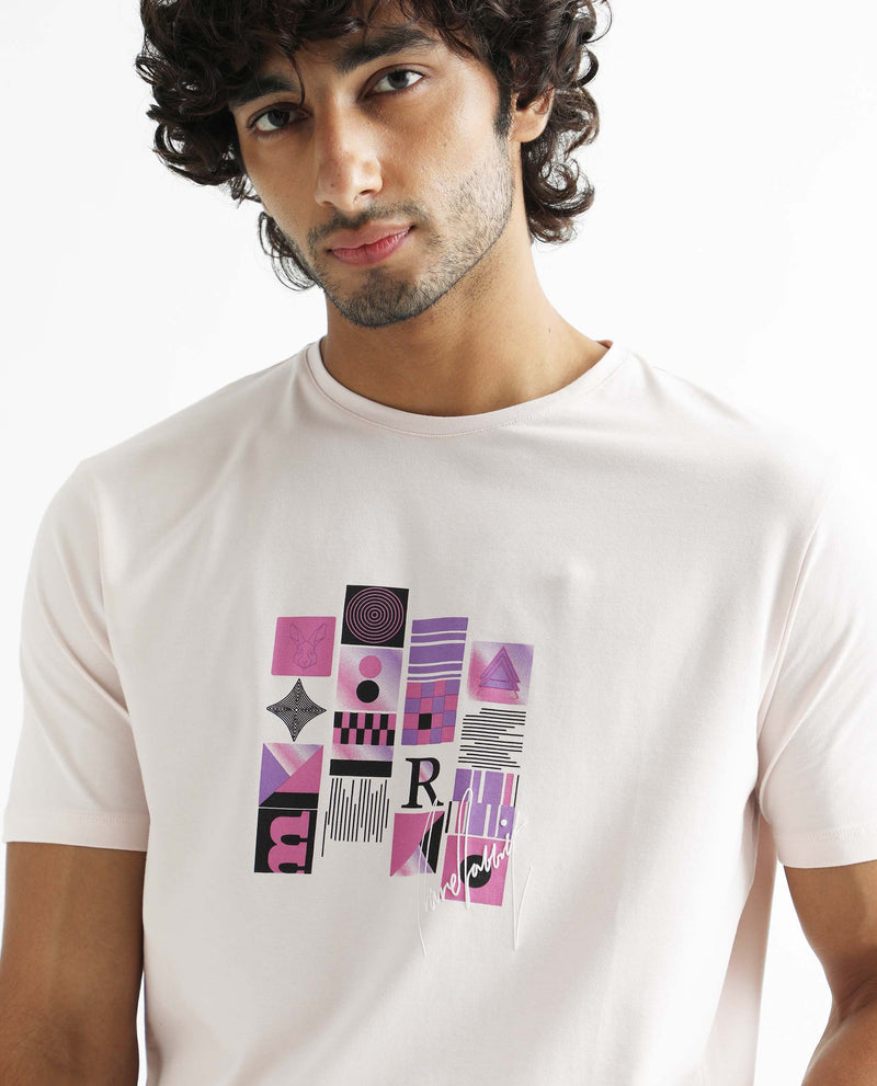 Rare Rabbit Men's Orchid Pastel Purple Crew Neck HD Graphic With Signature Half Sleeves Slim Fit T-Shirt