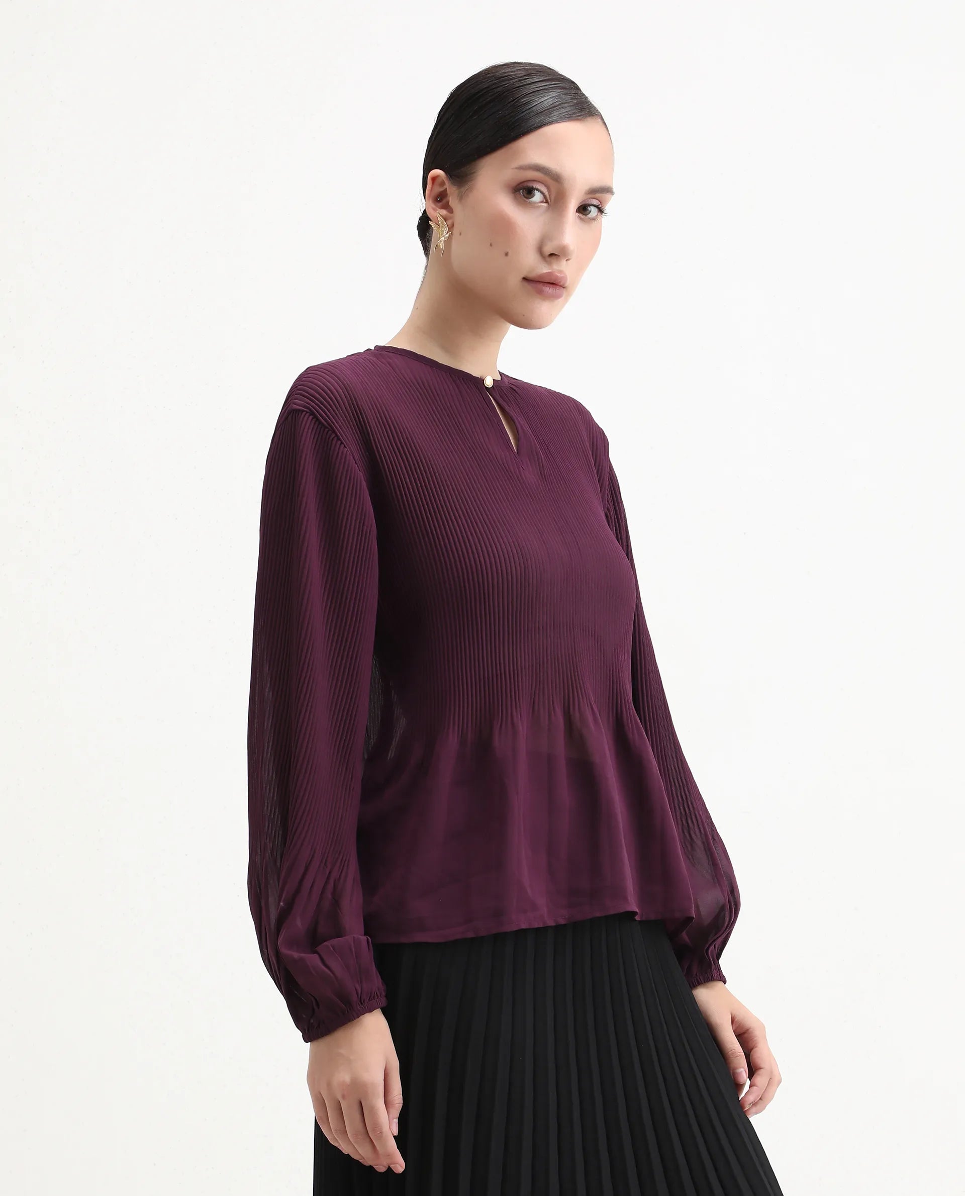 Rareism Women's Ordu Purple Polyester Mandarin Collar Plain Regular Fit Top