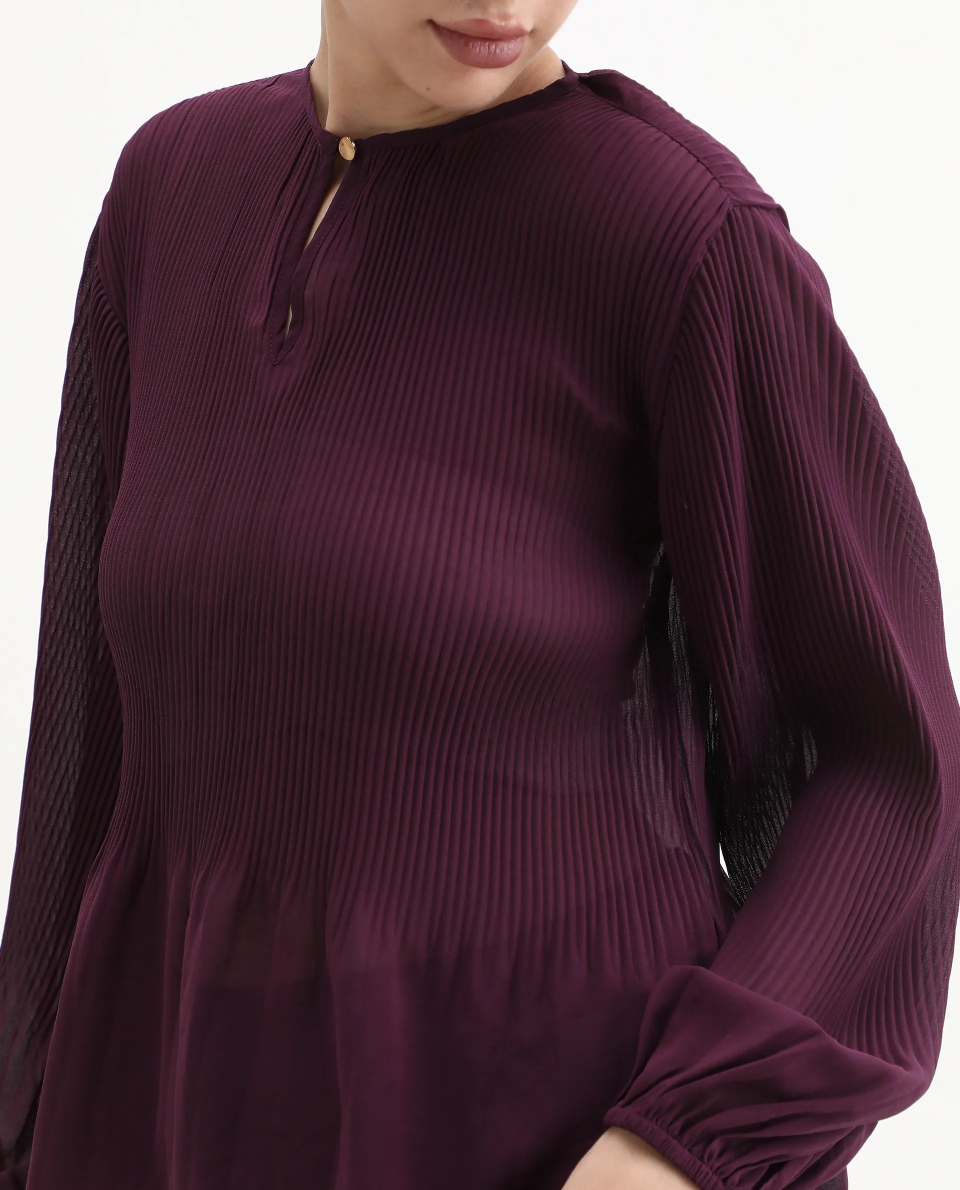 Rareism Women's Ordu Purple Polyester Mandarin Collar Plain Regular Fit Top