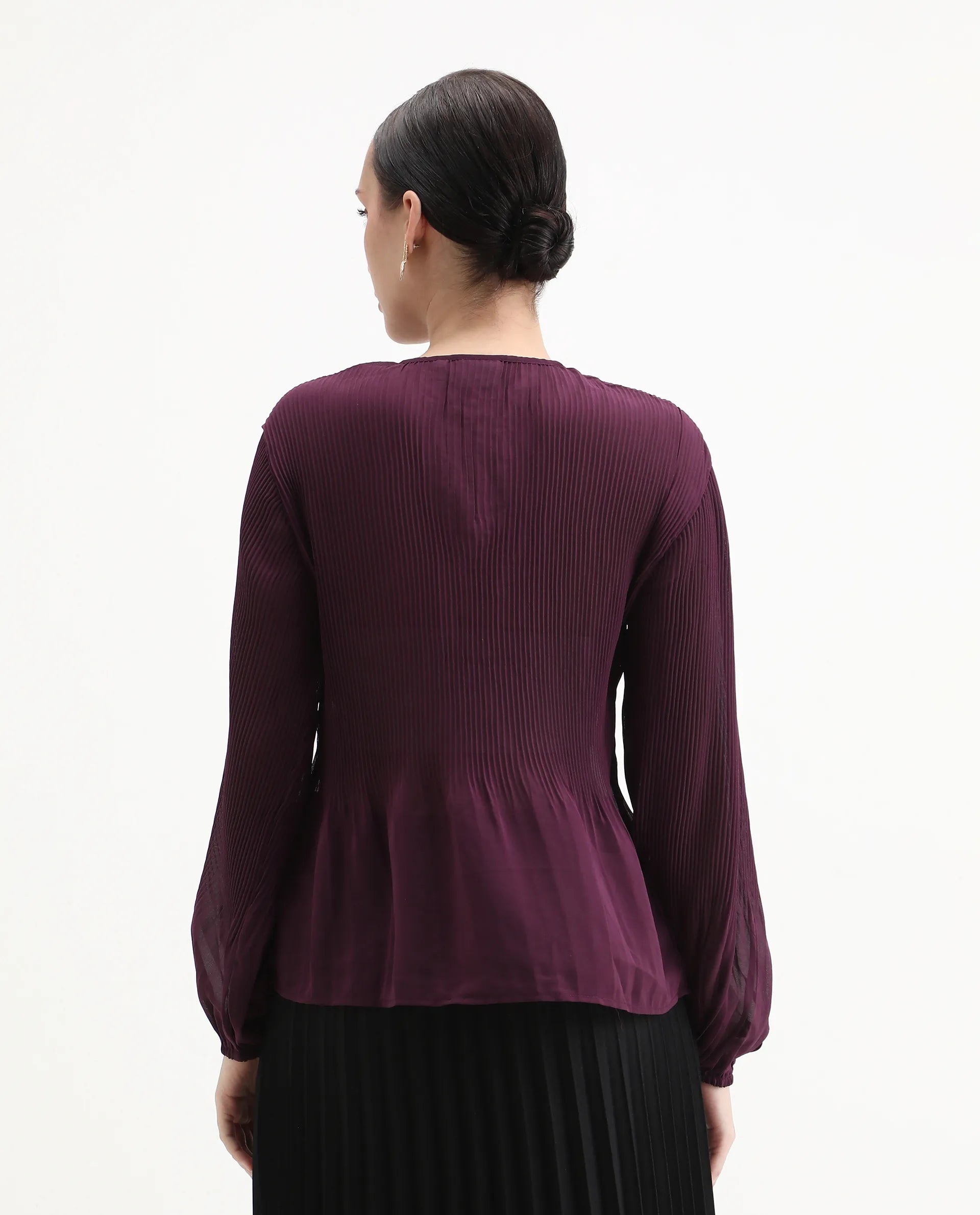 Rareism Women's Ordu Purple Polyester Mandarin Collar Plain Regular Fit Top