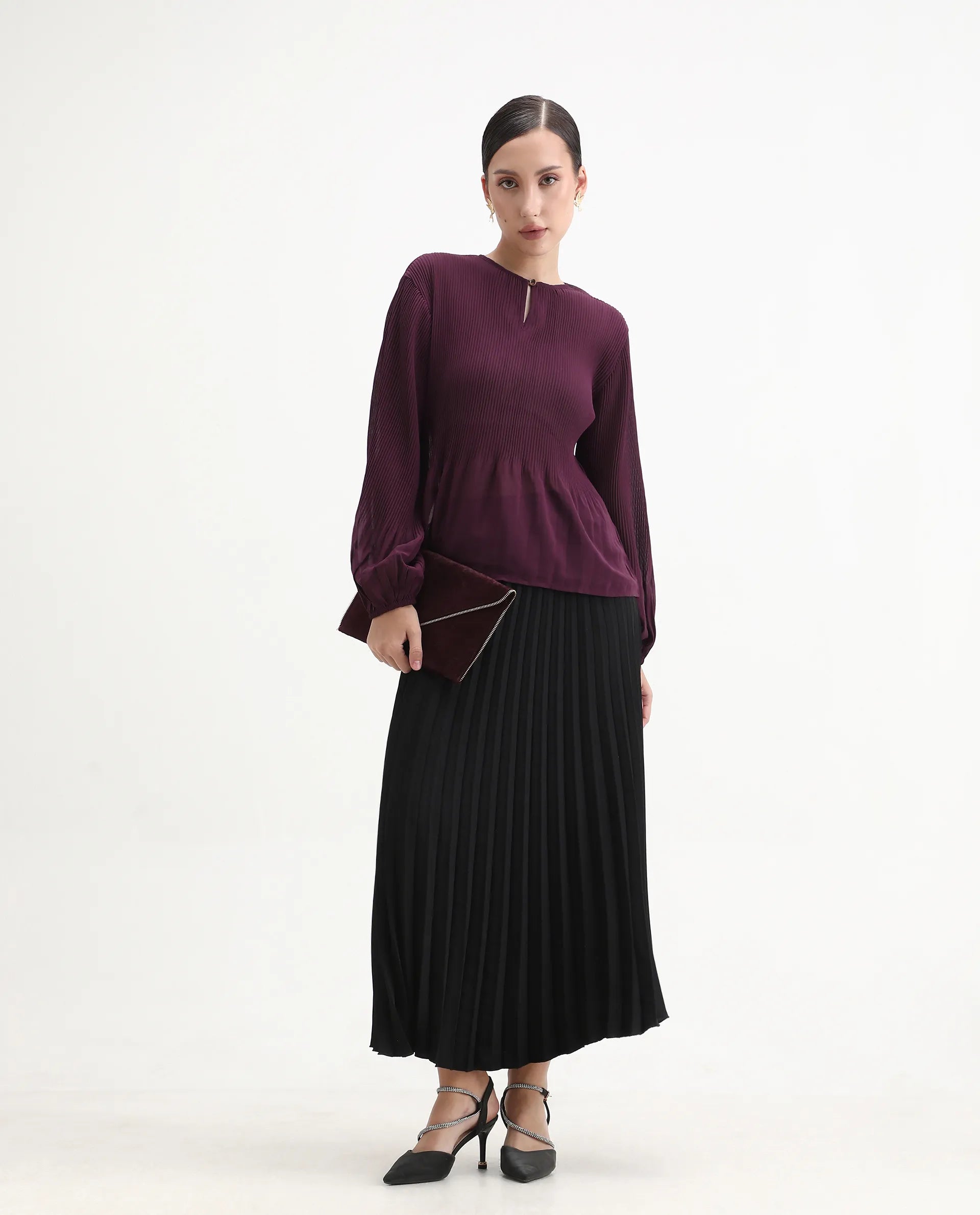 Rareism Women's Ordu Purple Polyester Mandarin Collar Plain Regular Fit Top