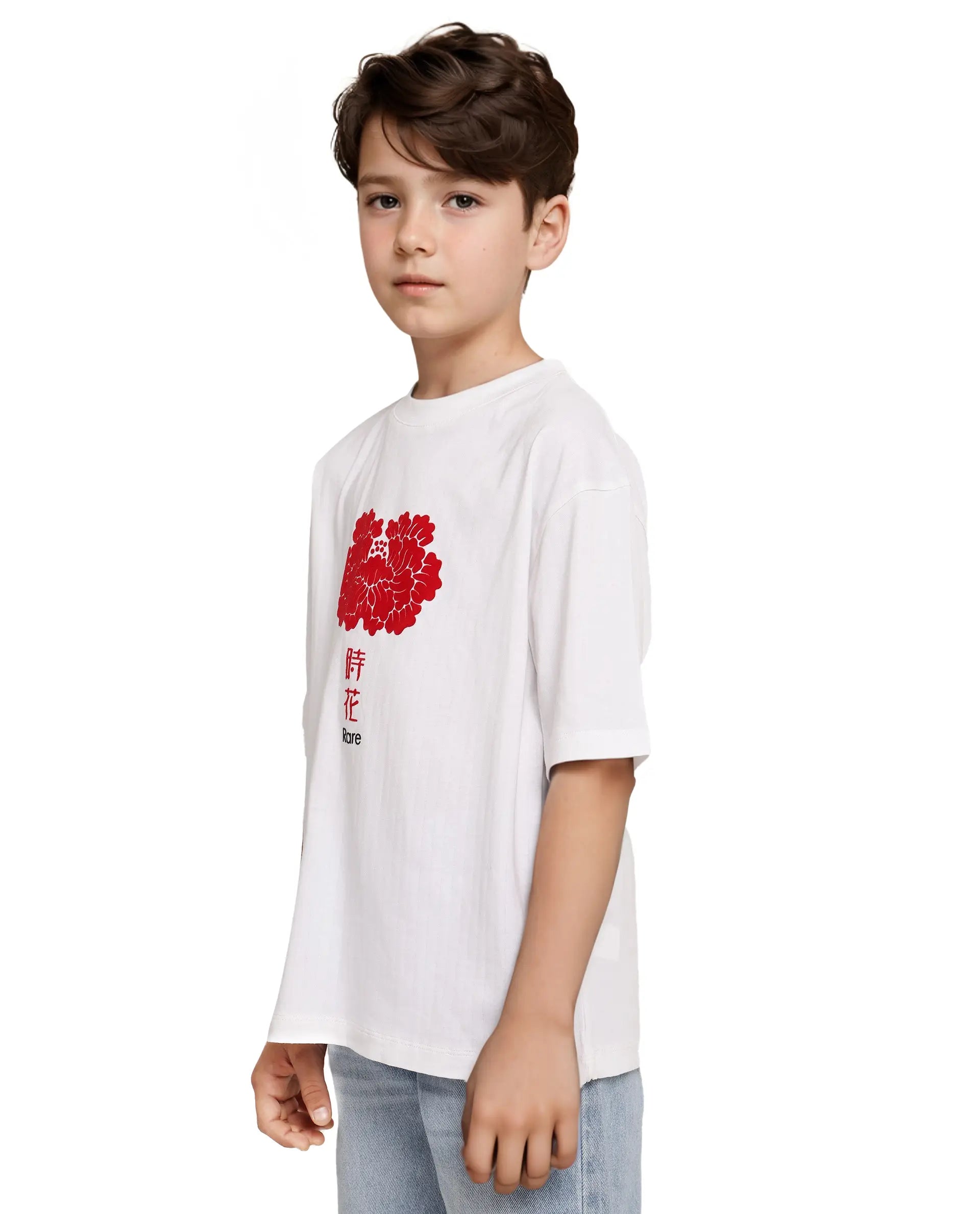 Rare Ones Kids Orel White Cotton Half Sleeves Oversized Fit Crew Neck Graphic Print T-Shirt