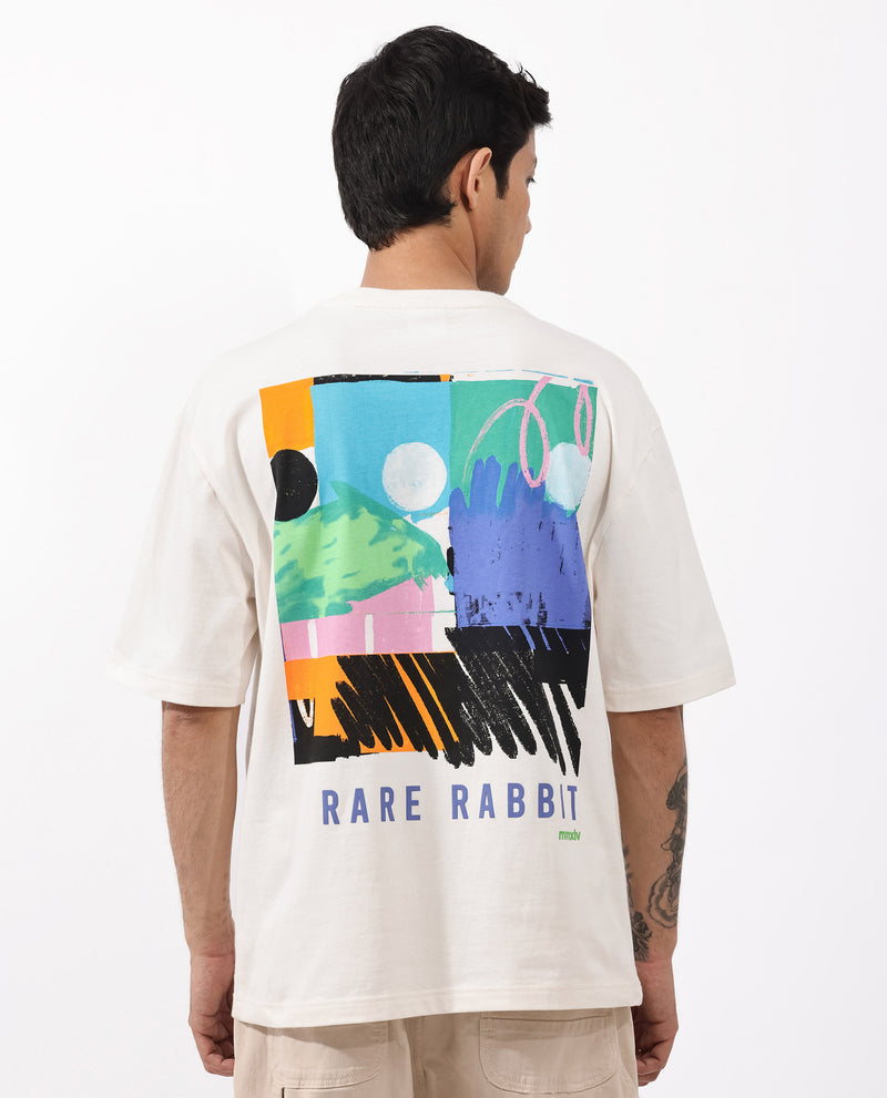 Rare Rabbit Articale Men's Oren Off White Cotton Polyester Fabric Crew Neck Oversized Fit Graphic Print T-Shirt