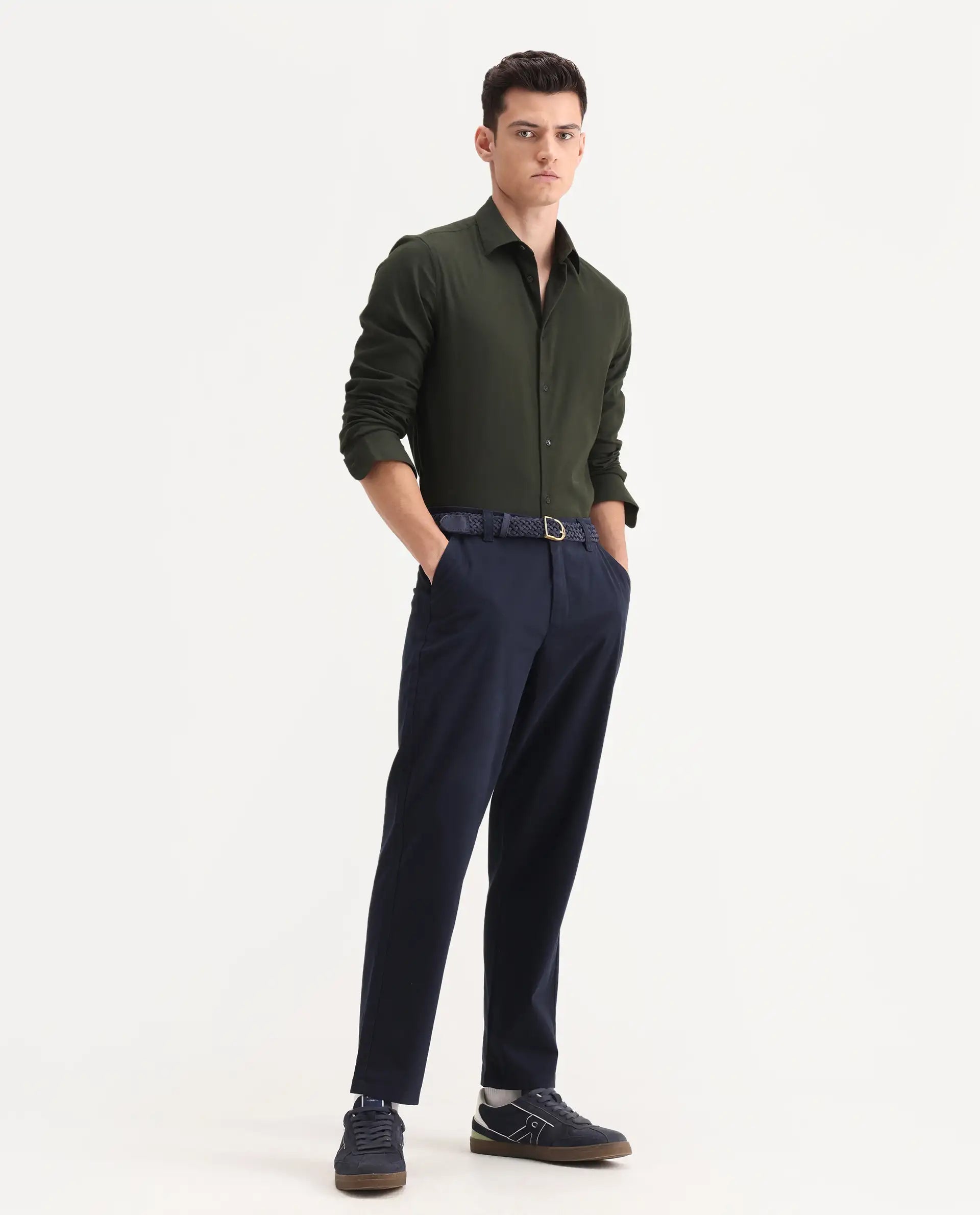 Rare Rabbit Men's Oren Navy Cotton Plain Straight Fit Trouser