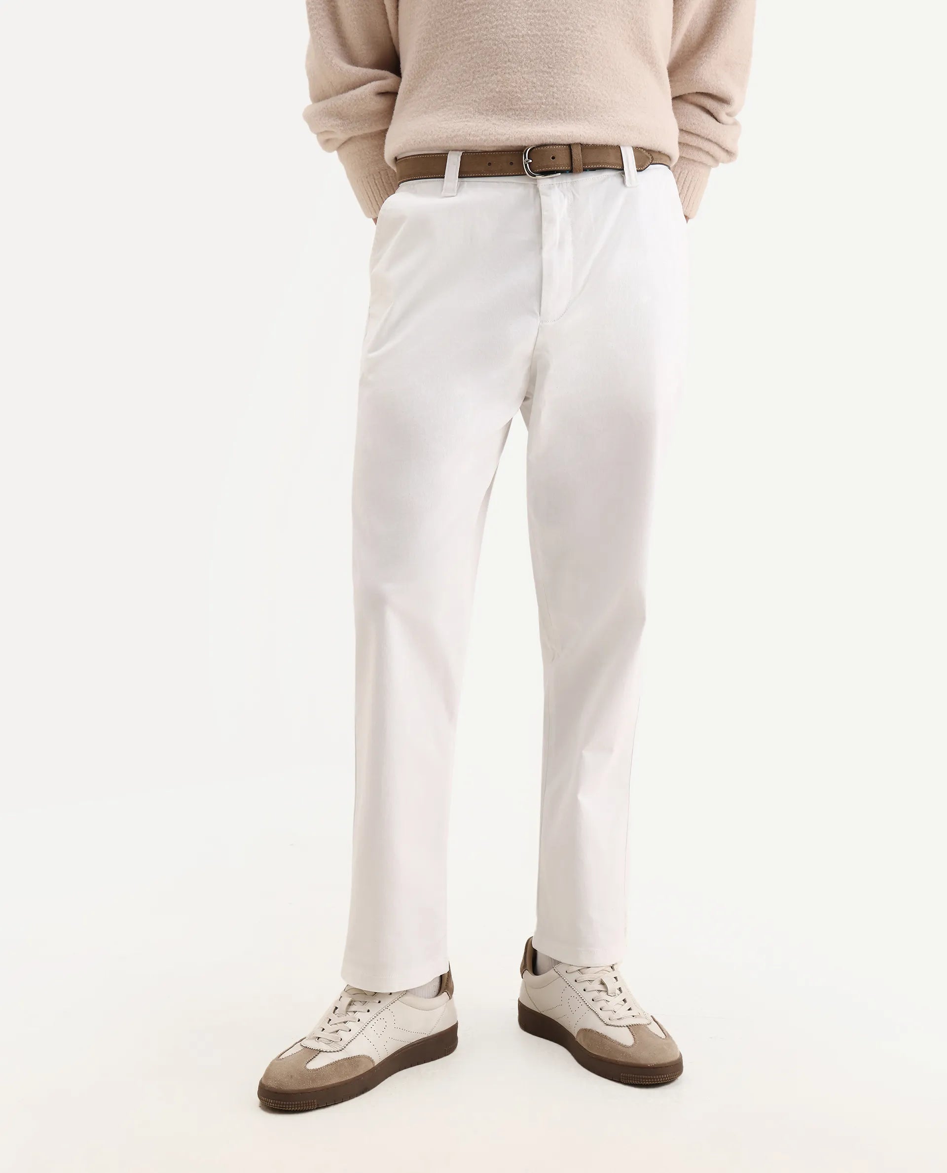 Rare Rabbit Men's Oren White Cotton Plain Straight Fit Trouser