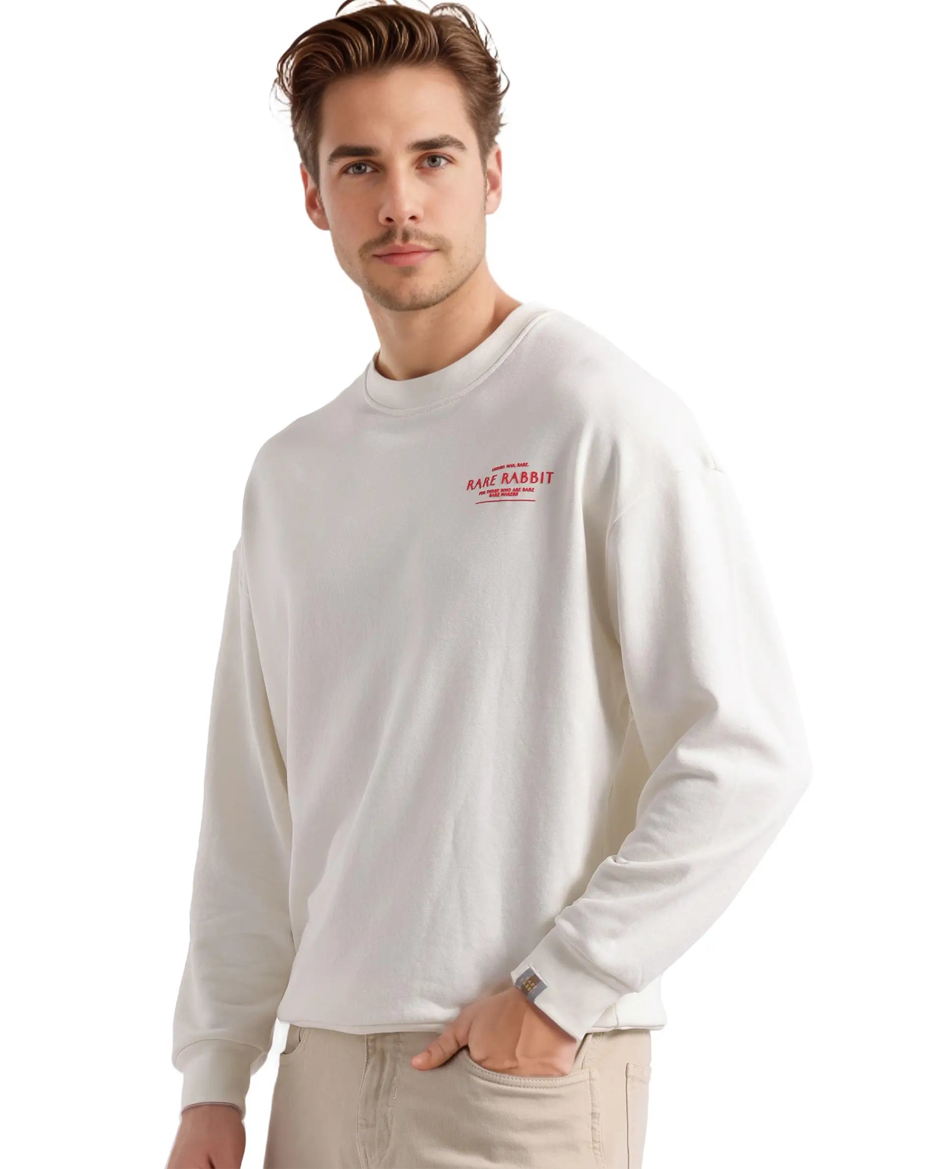 Rare Rabbit Men's Ore Off White Cotton Blend Fabric Full Sleeve Crew Neck Boxy Fit Printed Sweatshirt