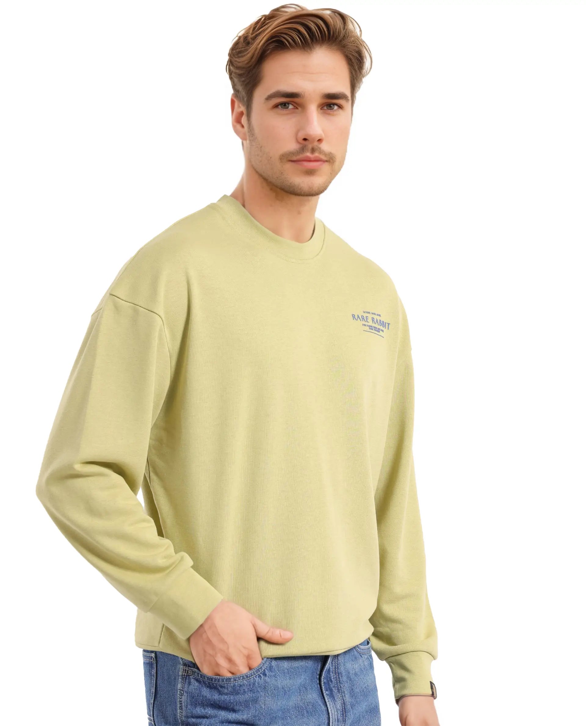 Rare Rabbit Men's Ore Pastel Green Cotton Blend Fabric Full Sleeve Crew Neck Boxy Fit Printed Sweatshirt