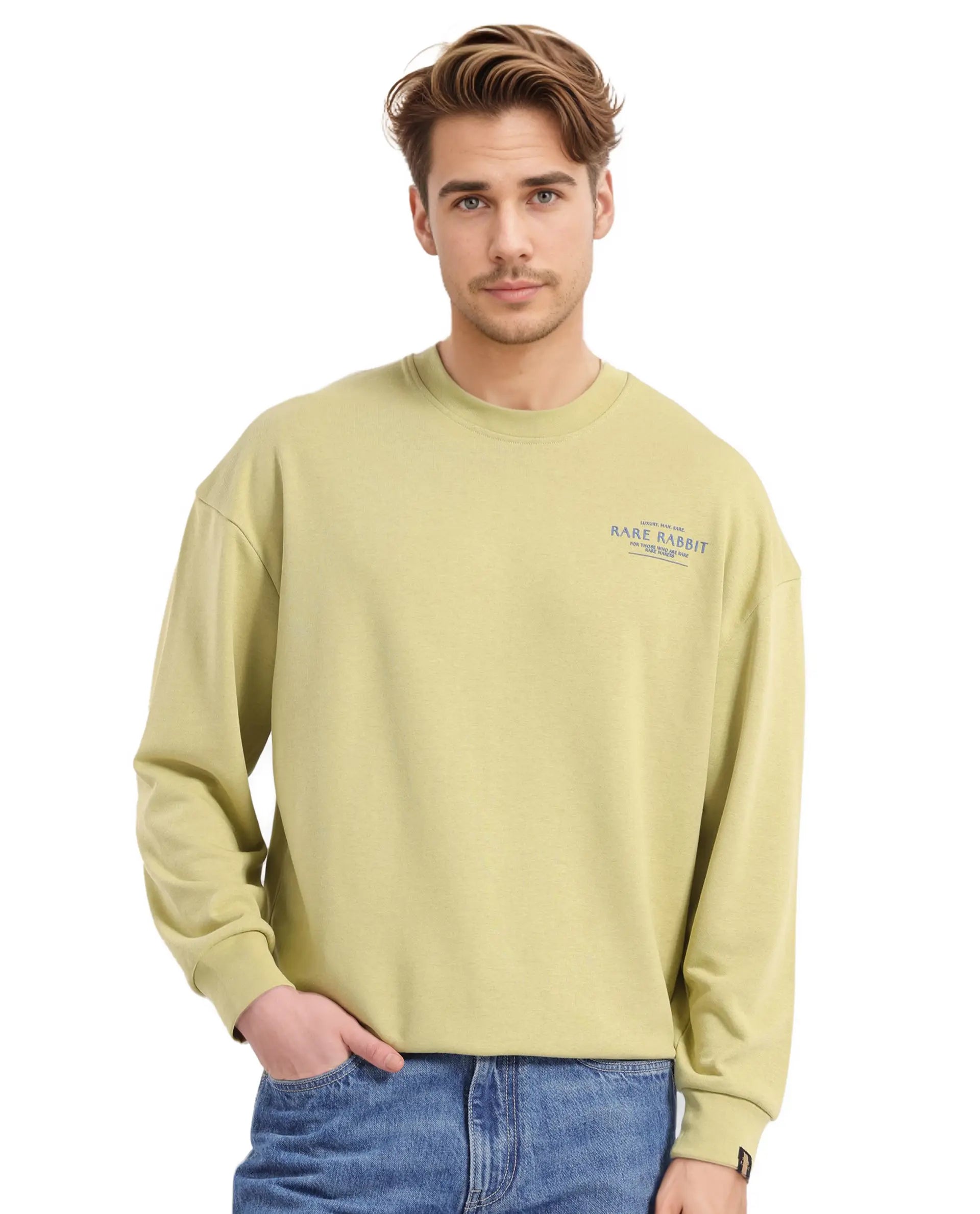 Rare Rabbit Men's Ore Pastel Green Cotton Blend Fabric Full Sleeve Crew Neck Boxy Fit Printed Sweatshirt