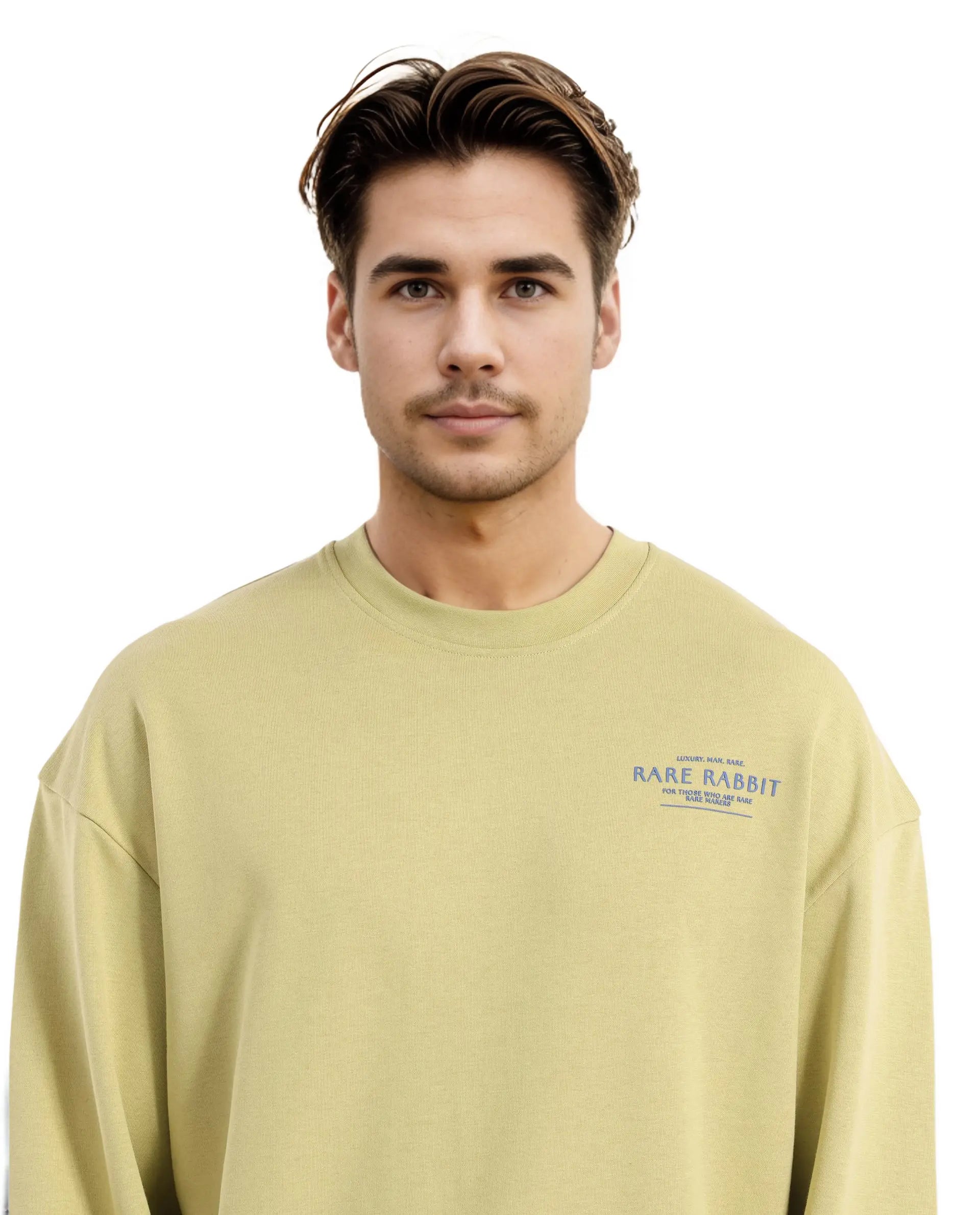 Rare Rabbit Men's Ore Pastel Green Cotton Blend Fabric Full Sleeve Crew Neck Boxy Fit Printed Sweatshirt