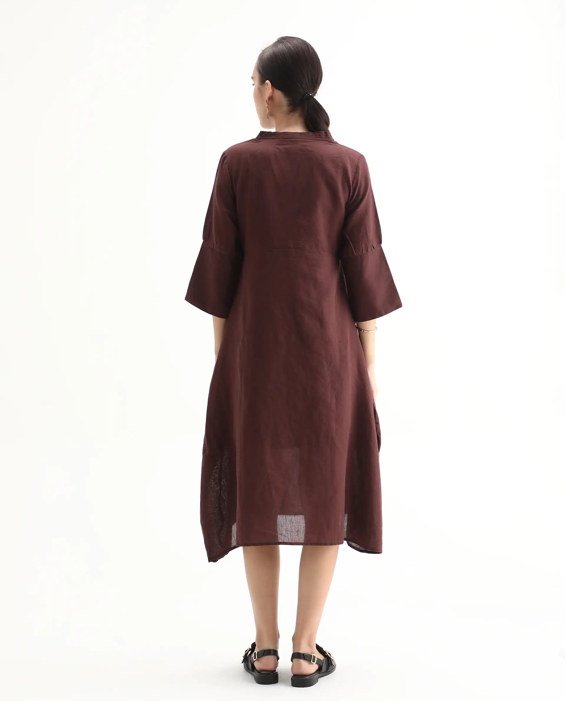 Rareism Women's Orie Brown Linen V-Neck Plain Midi Relaxed Fit Dress