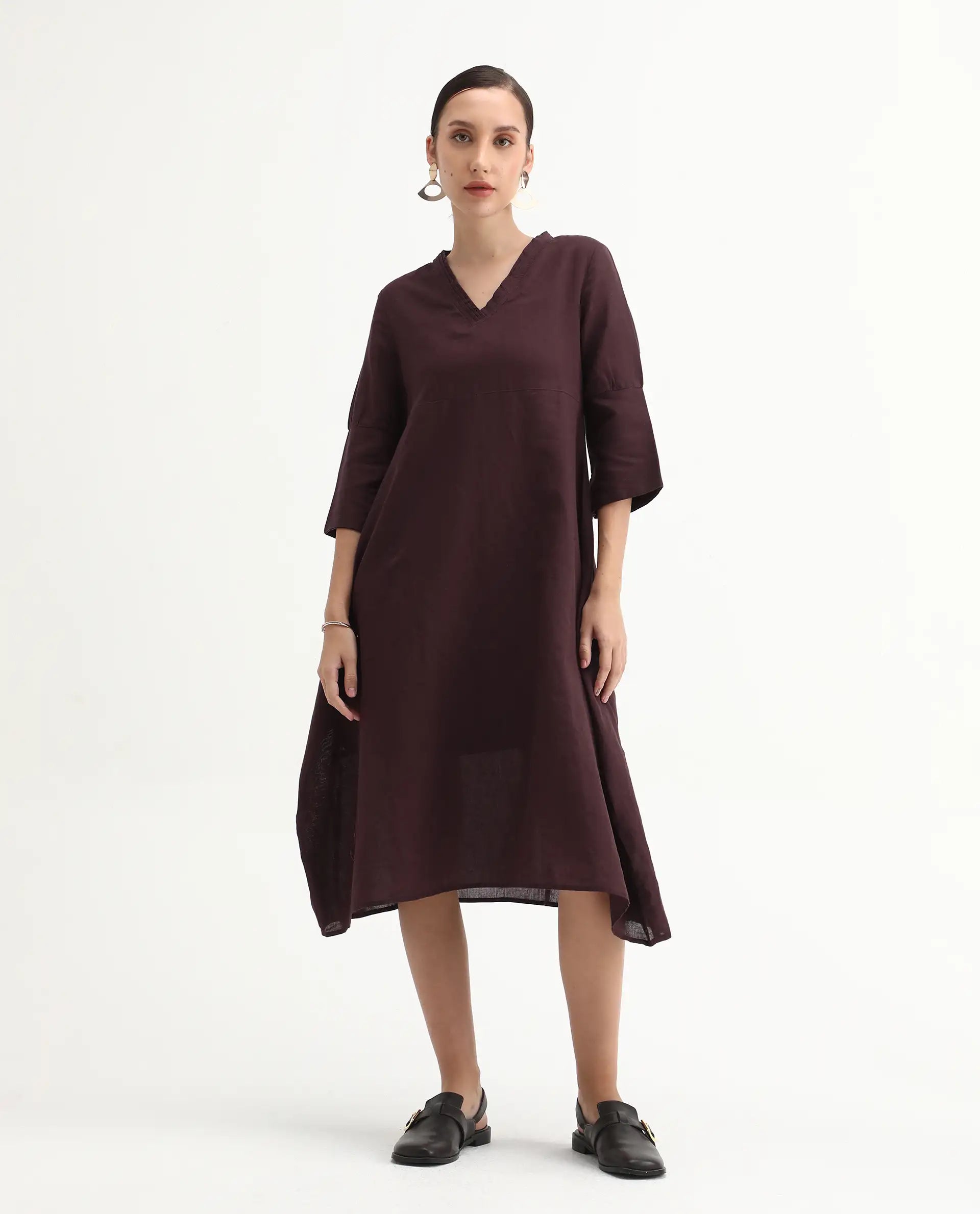 Rareism Women's Orie Brown Linen V-Neck Plain Midi Relaxed Fit Dress