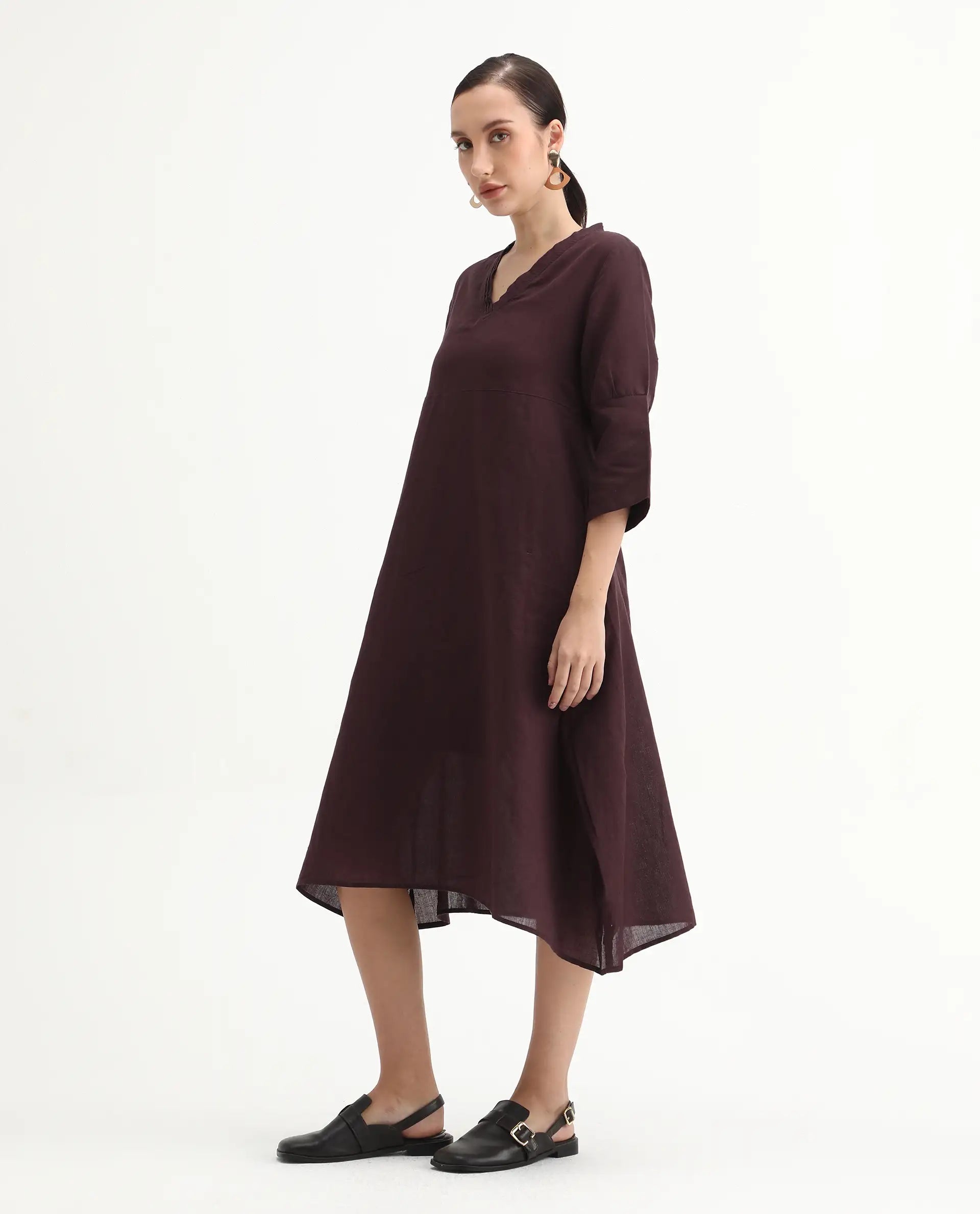 Rareism Women's Orie Brown Linen V-Neck Plain Midi Relaxed Fit Dress