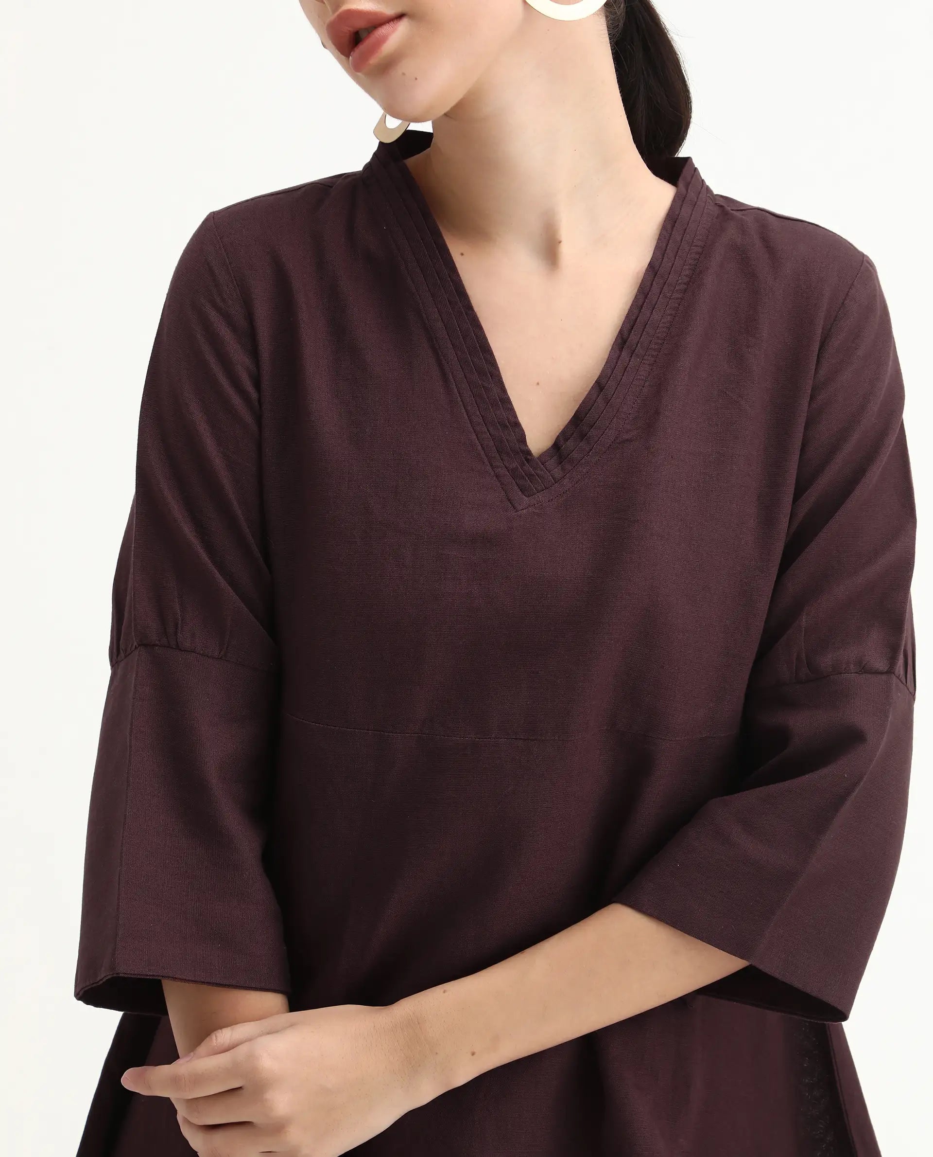 Rareism Women's Orie Brown Linen V-Neck Plain Midi Relaxed Fit Dress