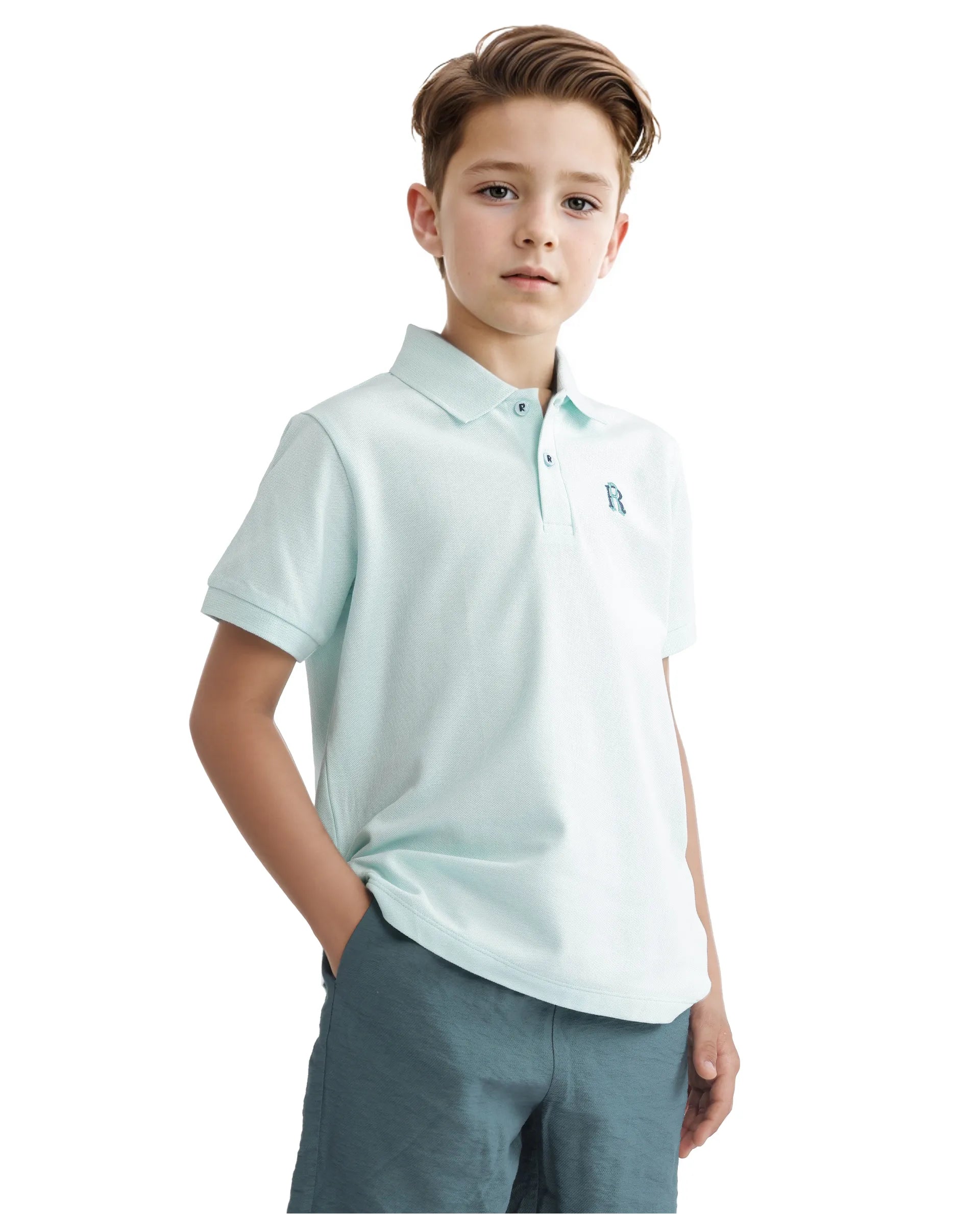 Rare Ones Kids Orik Light Turq Cotton Short Sleeve Embroidered Regular Fit  Polo