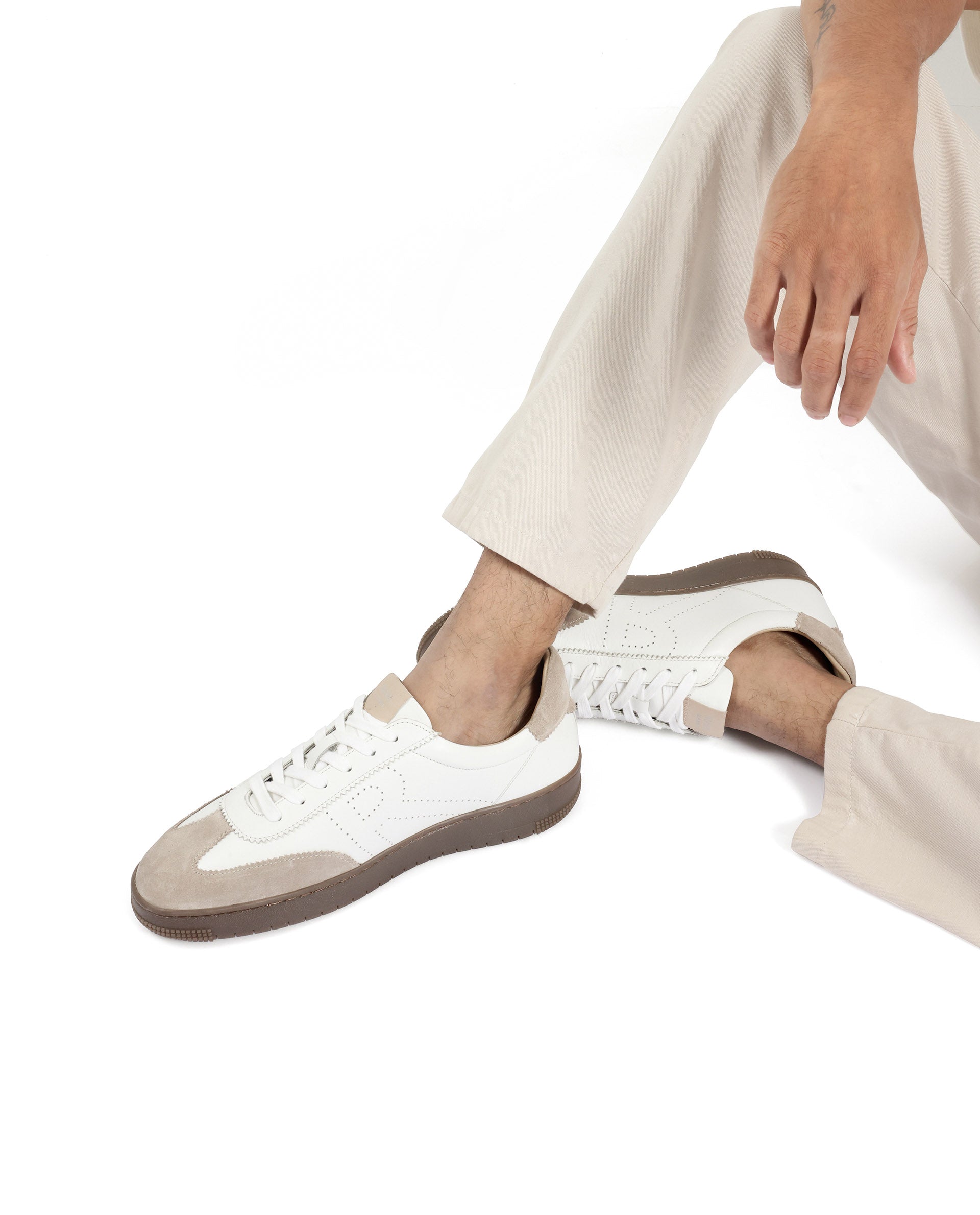 Rare Rabbit Men's Orion Light Beige Suede And Leather Low-Top Lace-up Sneaker Shoes