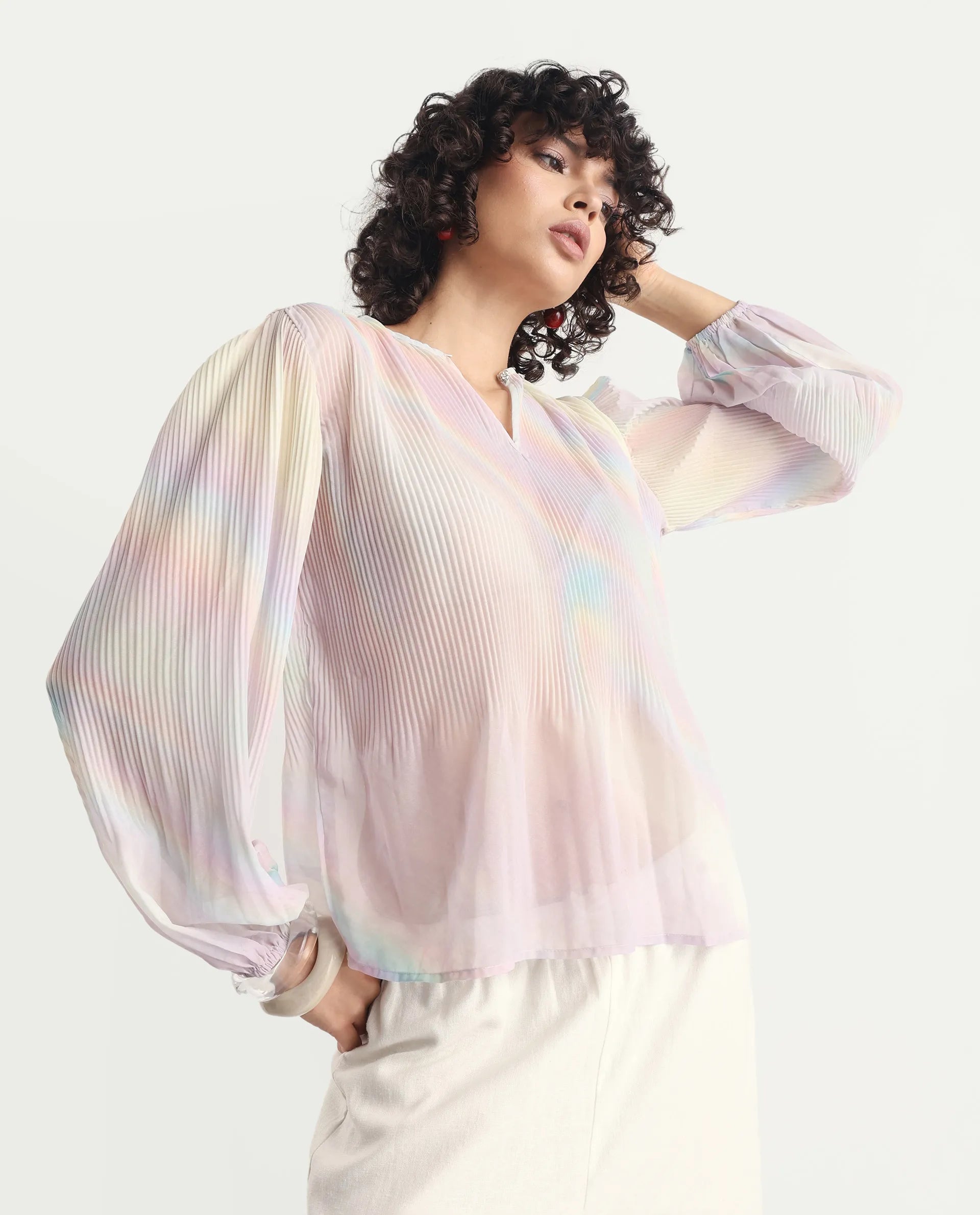 Rareism Women's Orirt Light Multi Polyester Mandarin Collar Ombre Regular Fit Top