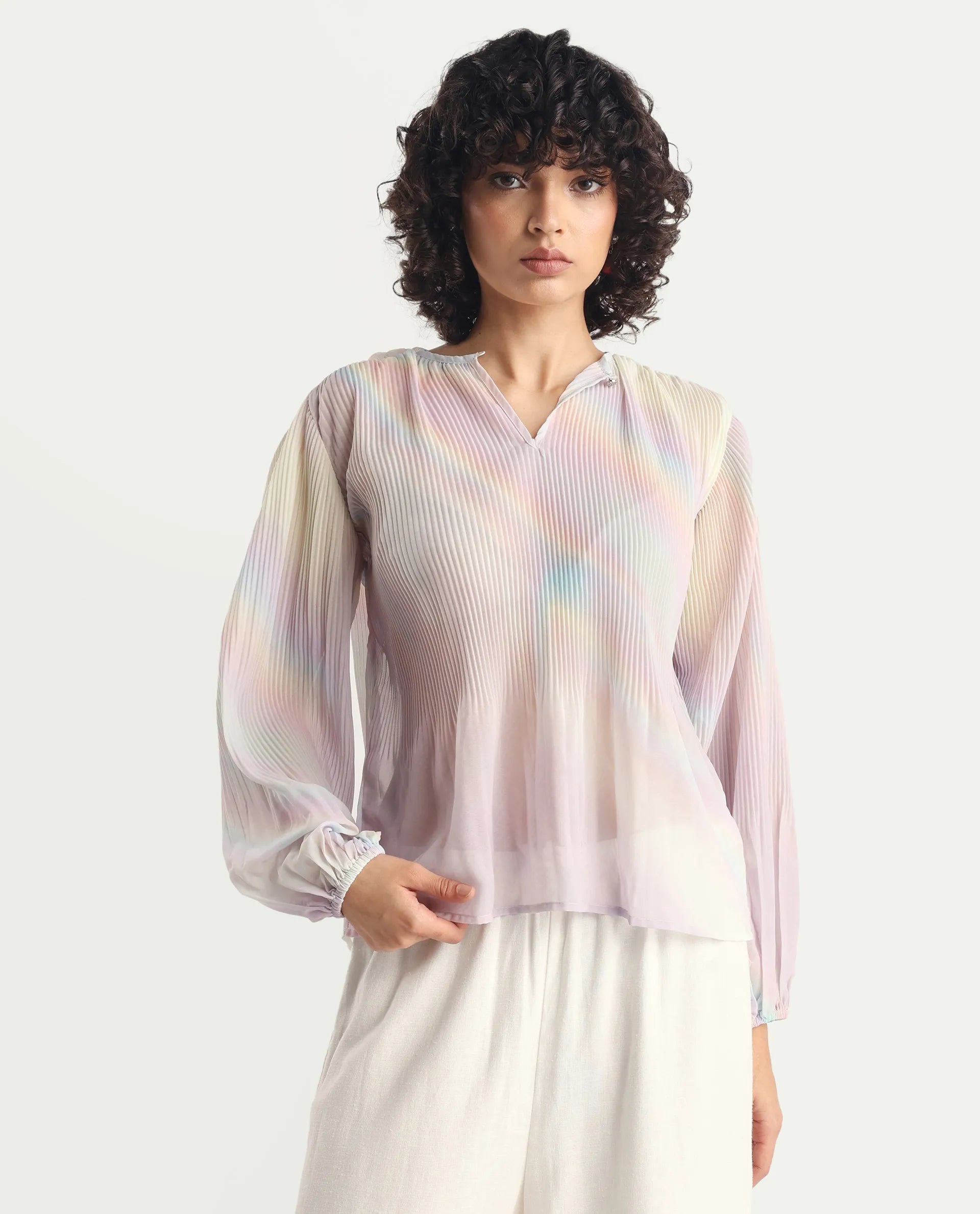 Rareism Women's Orirt Light Multi Polyester Mandarin Collar Ombre Regular Fit Top