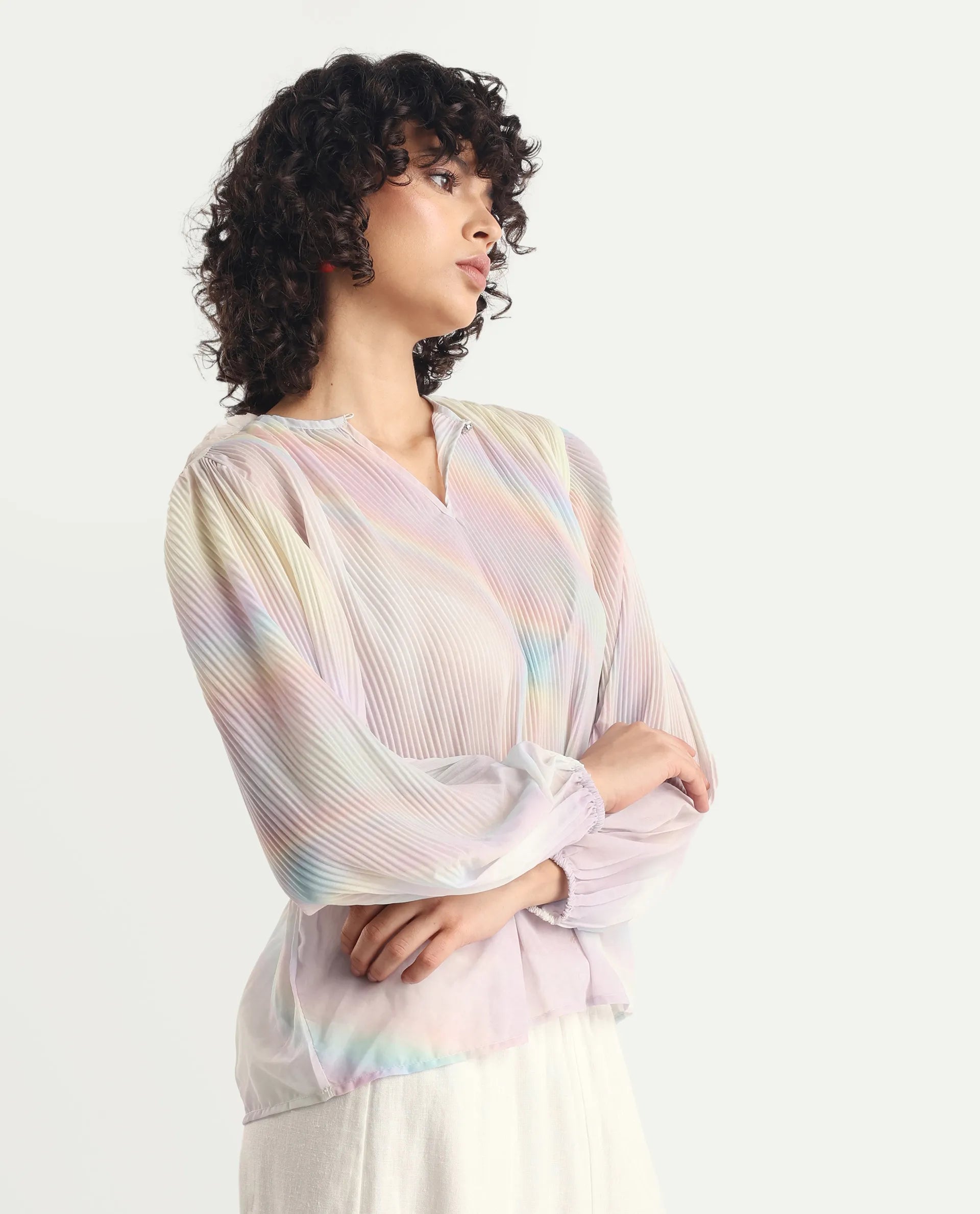 Rareism Women's Orirt Light Multi Polyester Mandarin Collar Ombre Regular Fit Top