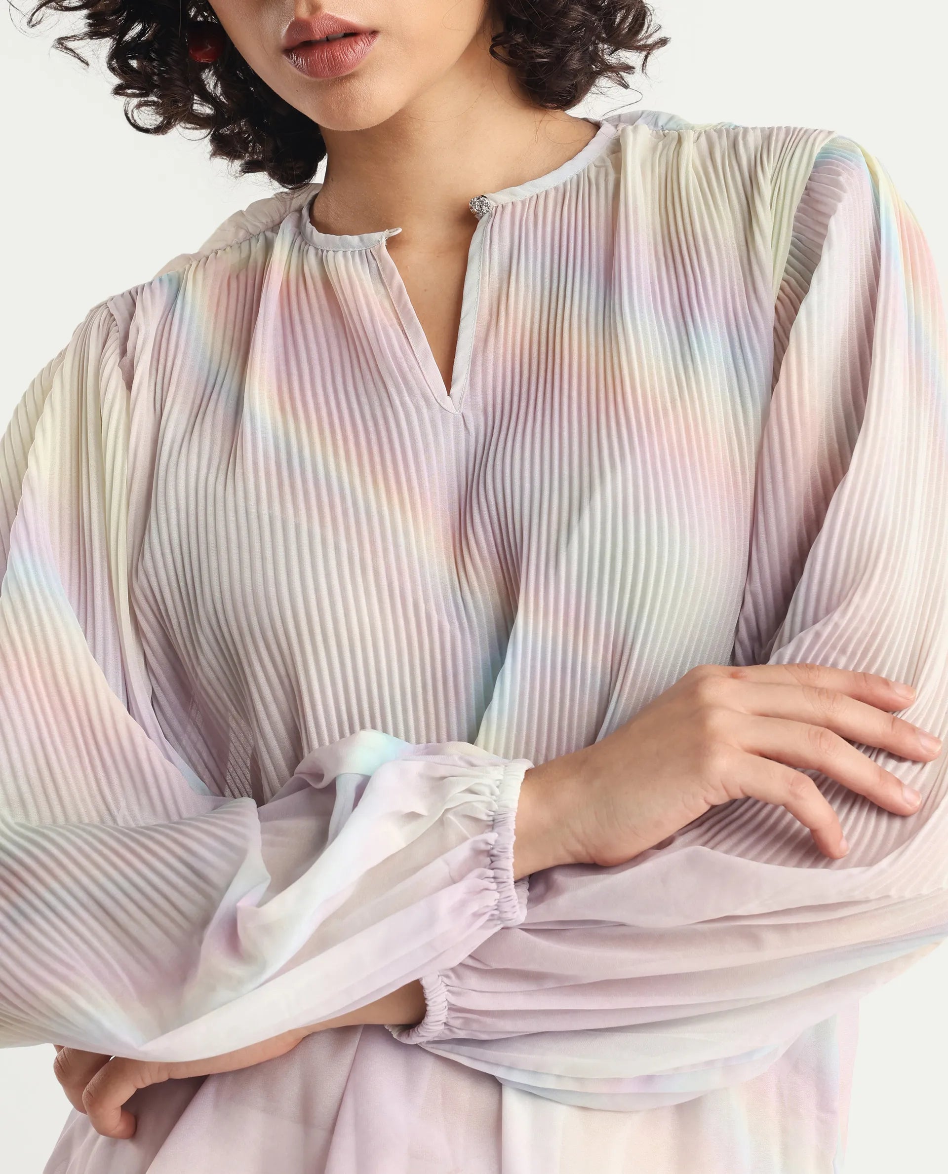 Rareism Women's Orirt Light Multi Polyester Mandarin Collar Ombre Regular Fit Top