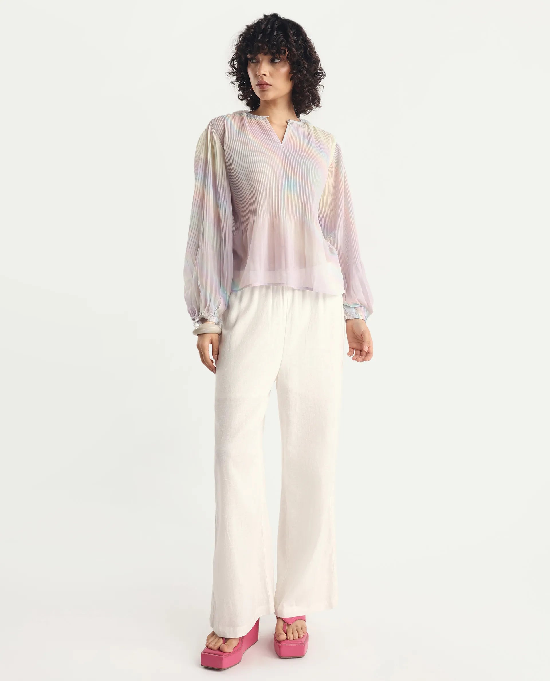 Rareism Women's Orirt Light Multi Polyester Mandarin Collar Ombre Regular Fit Top