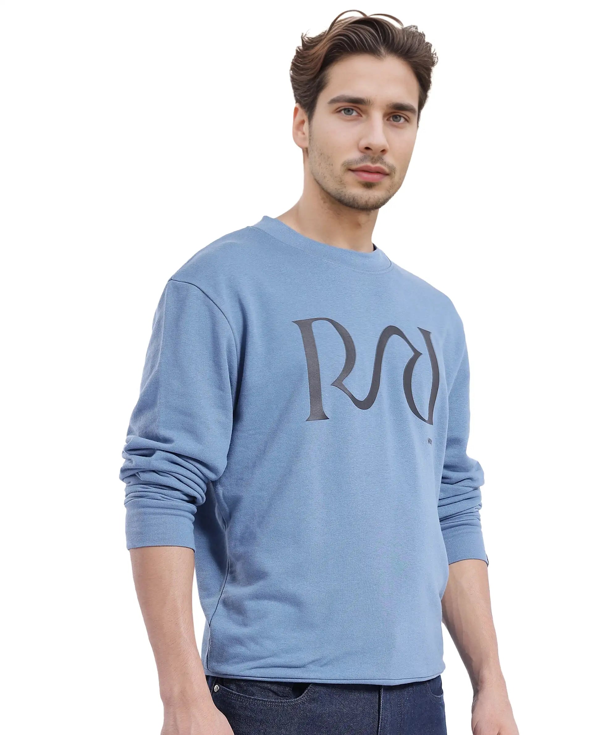 Rare Rabbit Men's Oris Dusky Blue Cotton Blend Fabric Full Sleeve Crew Neck Printed Sweatshirt