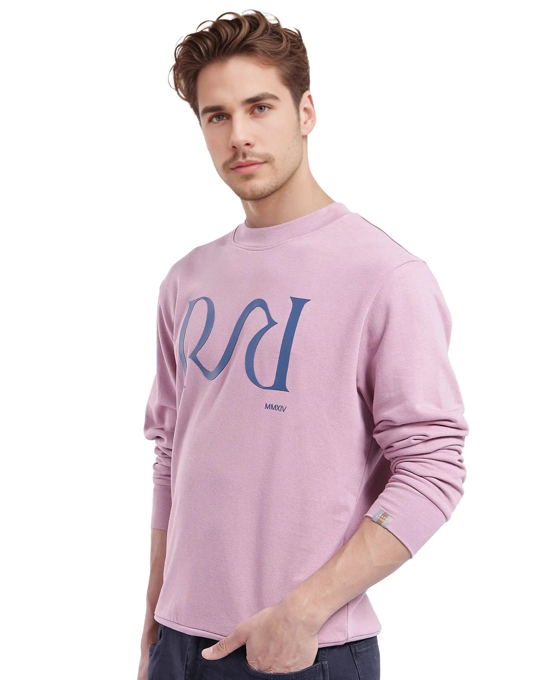 Rare Rabbit Men's Oris Dusky Pink Cotton Blend Fabric Full Sleeve Crew Neck Printed Sweatshirt