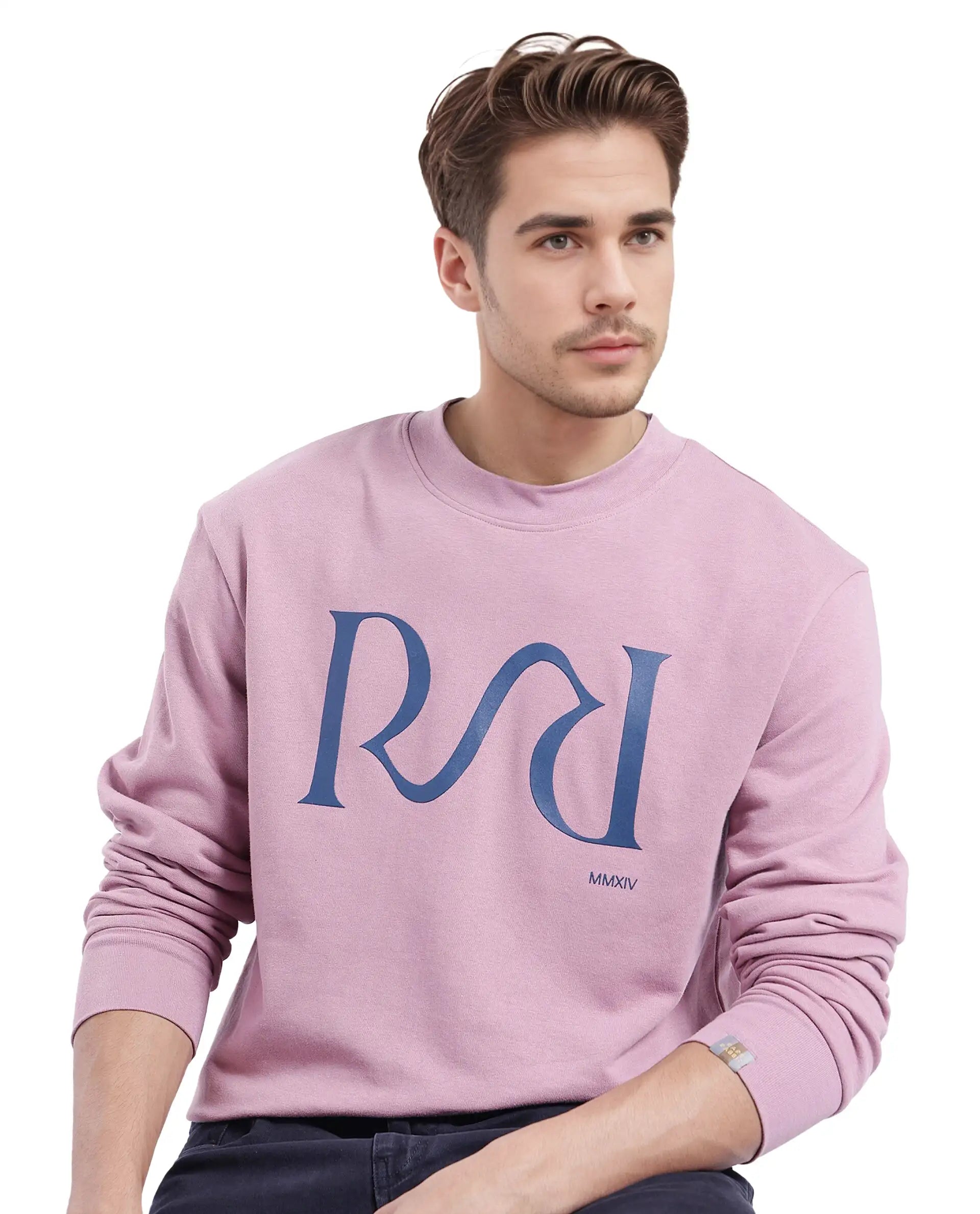 Rare Rabbit Men's Oris Dusky Pink Cotton Blend Fabric Full Sleeve Crew Neck Printed Sweatshirt