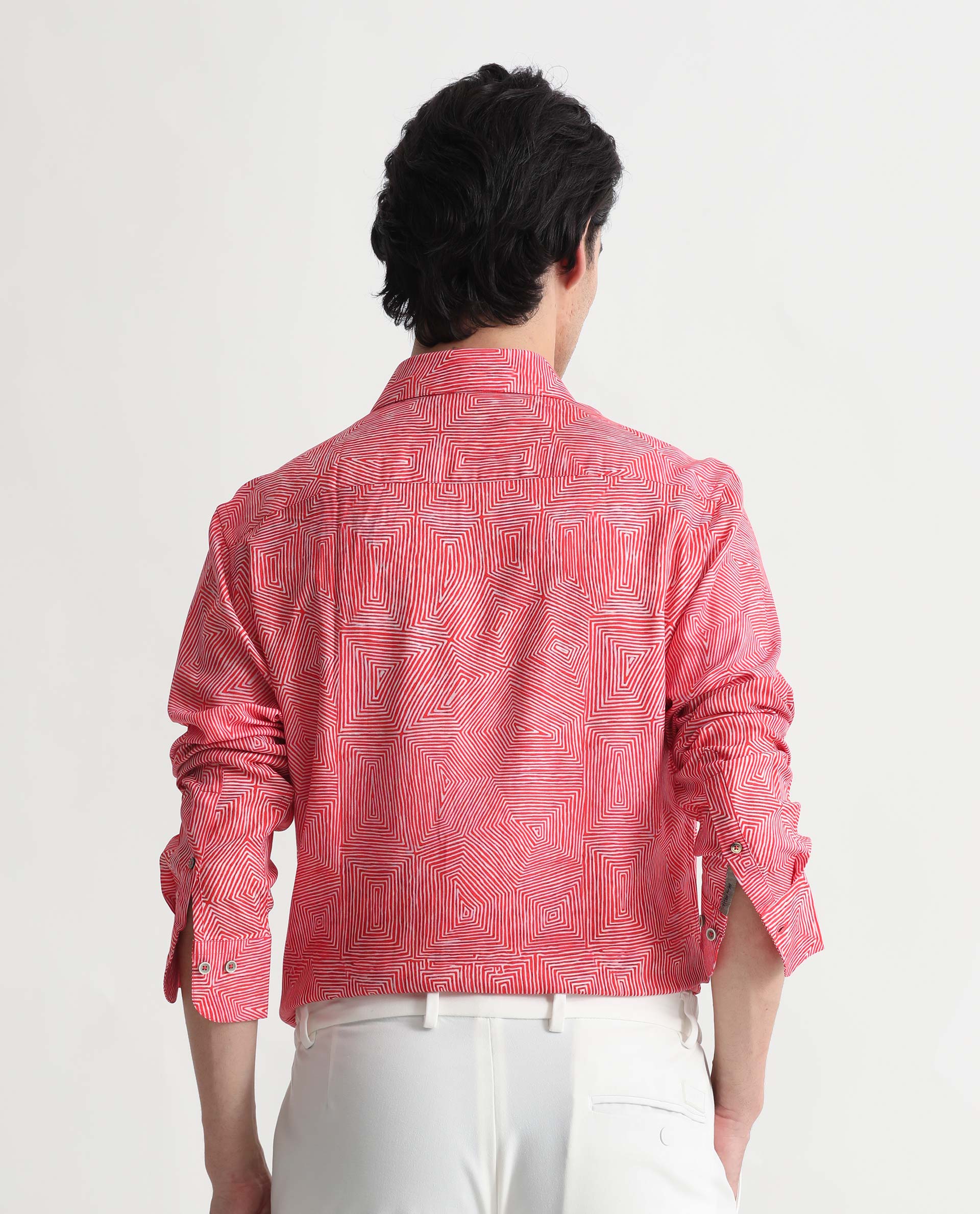 Rare Rabbit Men's Orlean Red Viscose Fabric Abstract Print Full Sleeves Shirt