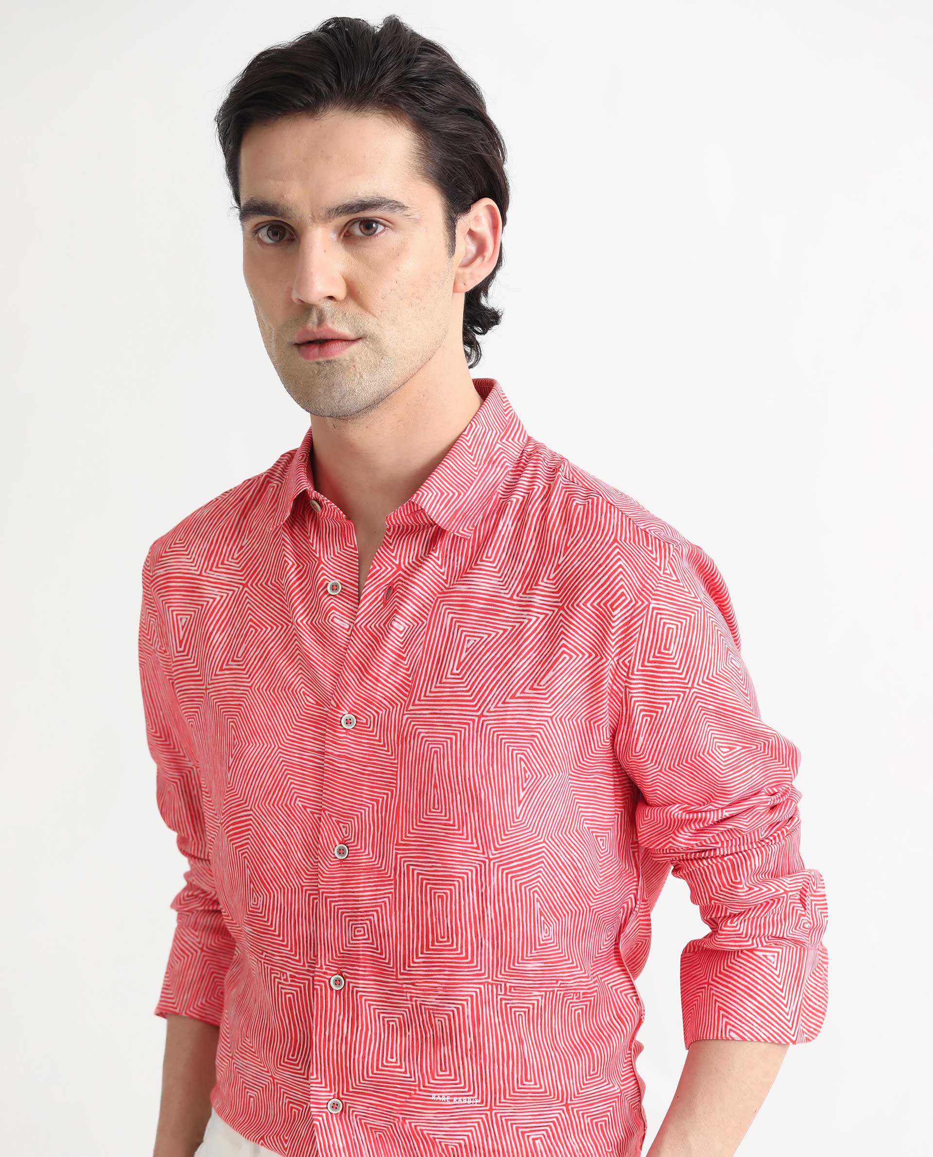 Rare Rabbit Men's Orlean Red Viscose Fabric Abstract Print Full Sleeves Shirt