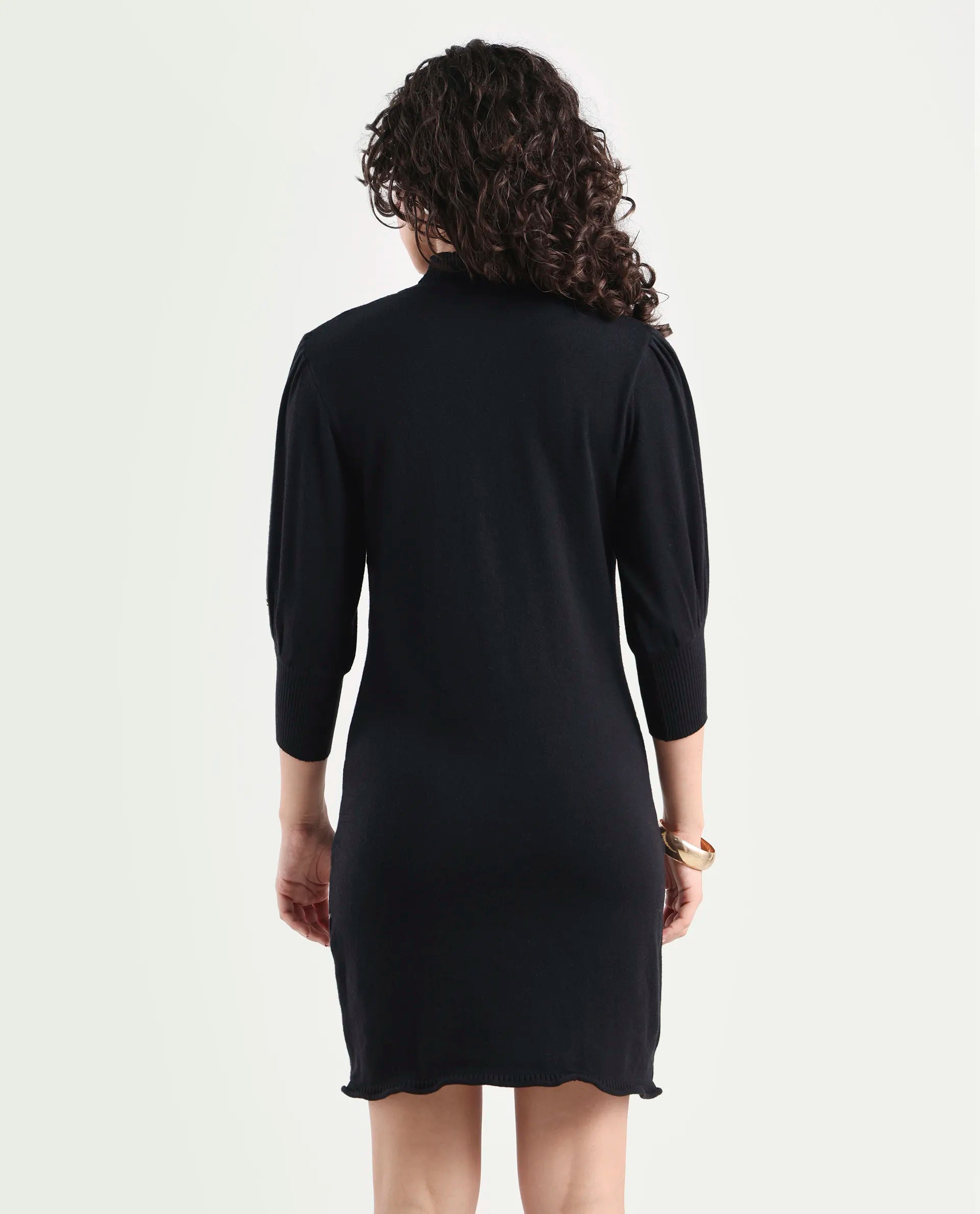 Rareism Women's Oroh Black Viscose Turtle Neck Geometric Print Balloon Sleeve Knee Length Regular Fit Sweater