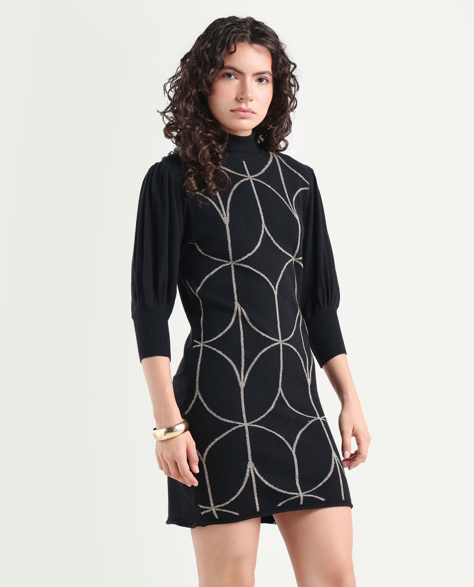 Rareism Women's Oroh Black Viscose Turtle Neck Geometric Print Balloon Sleeve Knee Length Regular Fit Sweater