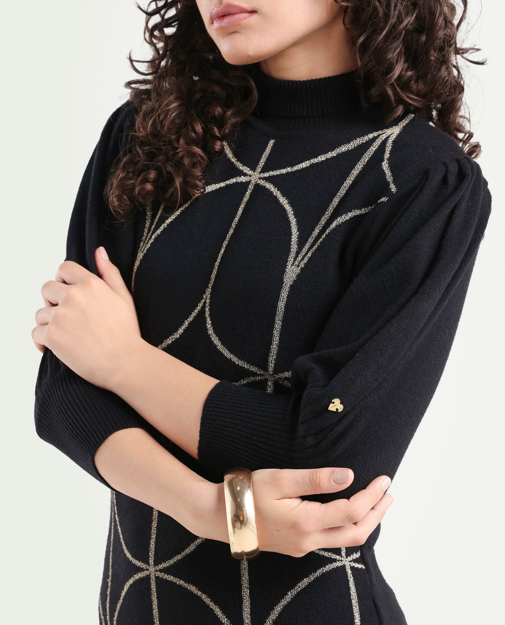 Rareism Women's Oroh Black Viscose Turtle Neck Geometric Print Balloon Sleeve Knee Length Regular Fit Sweater