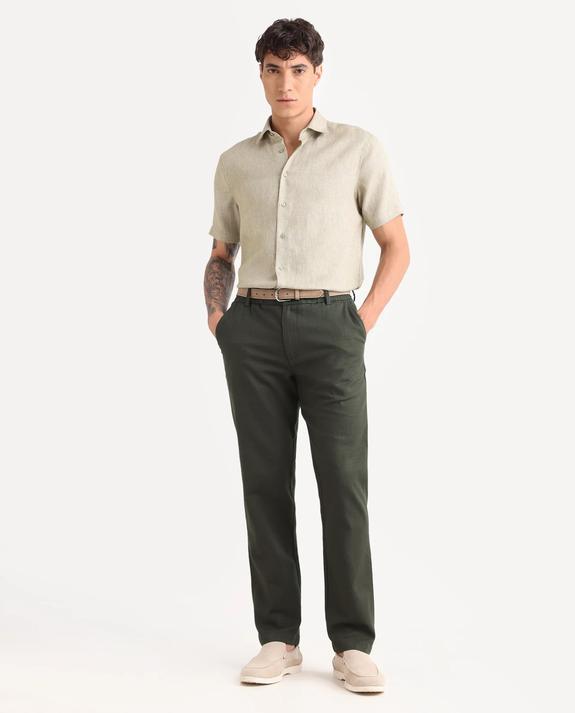 Rare Rabbit Men's Oros Dark Green Cotton Blend Fabric Regular Fit Plain Trouser